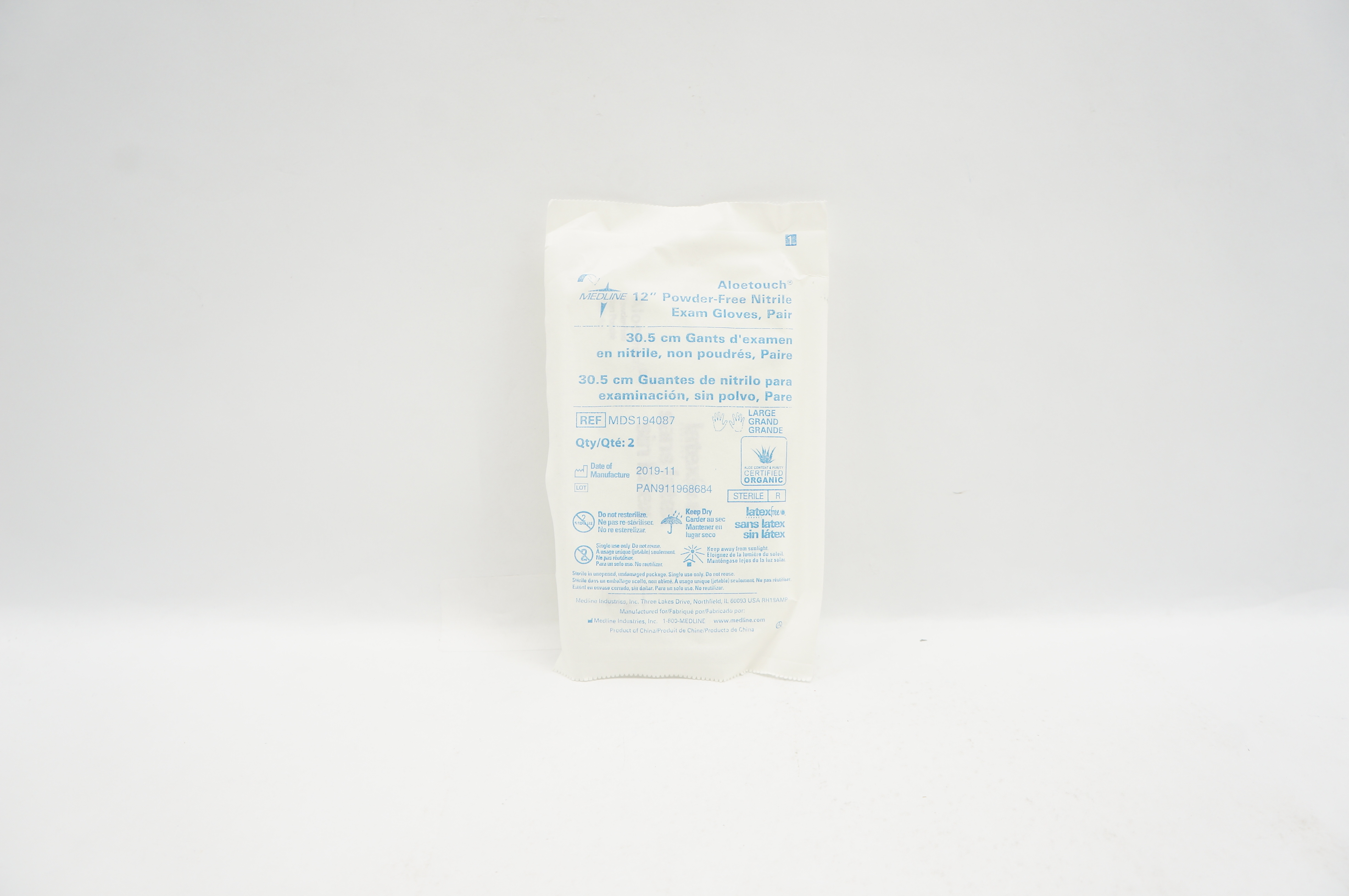Medline MDS194087 Powder-Free Nitrile Exam Gloves, Large Size 12inch -Pack of 2