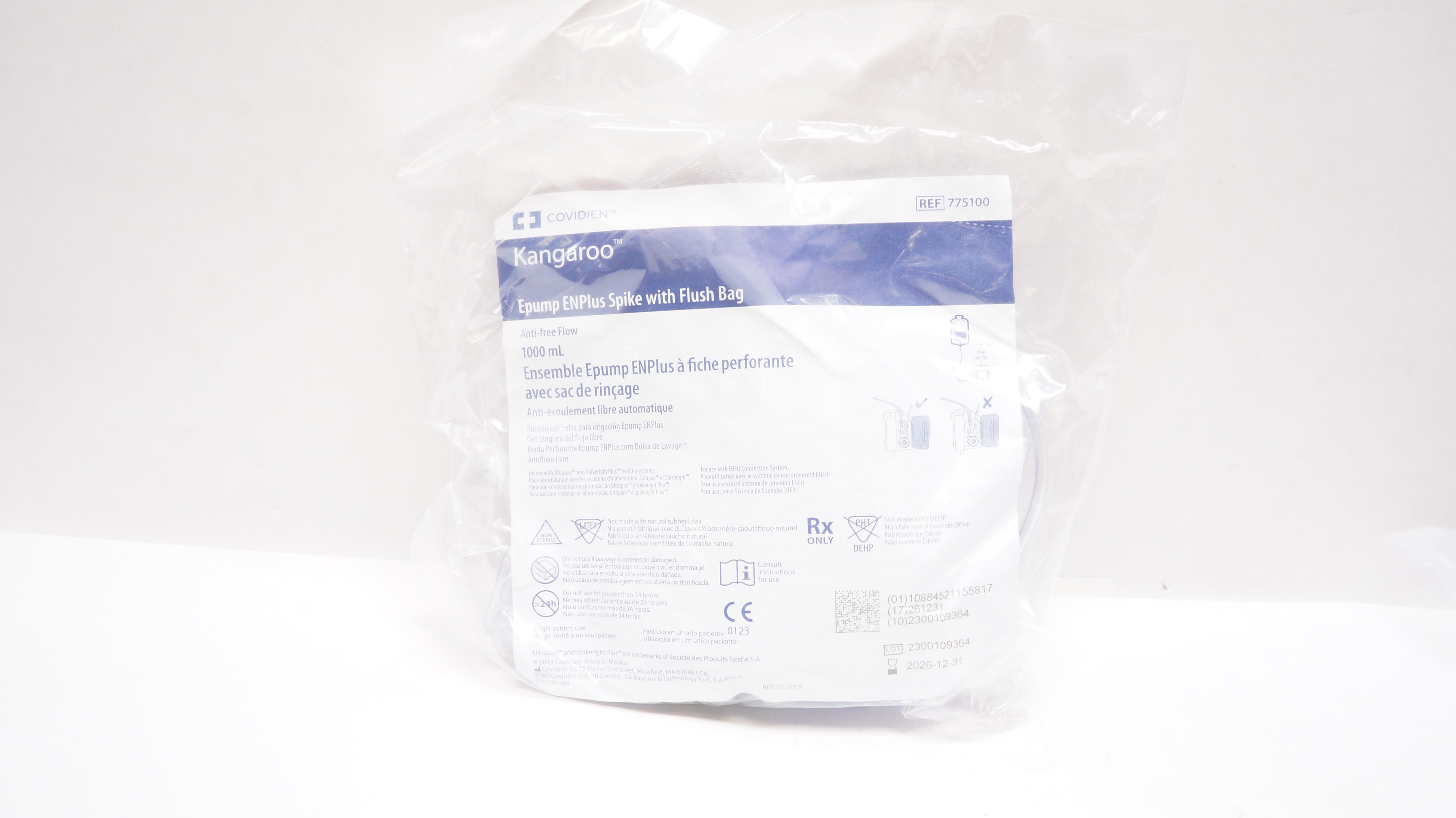Covidien 775100 Kangaroo Epump ENPlus Spike with Flush Bag 1000mL