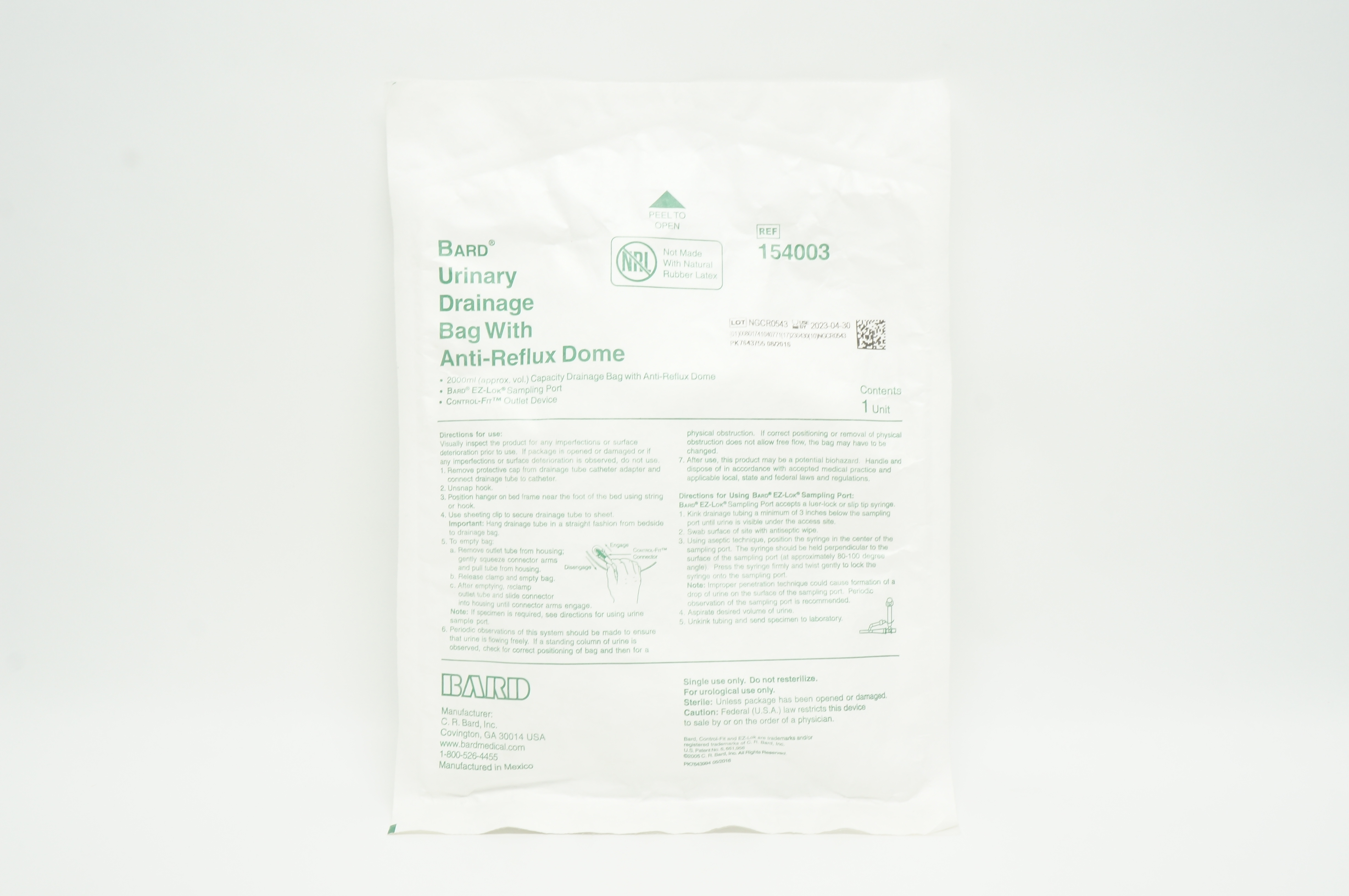 Bard 154003 Urinary Drainage Bag with Anti-Reflux Dome 2000ml