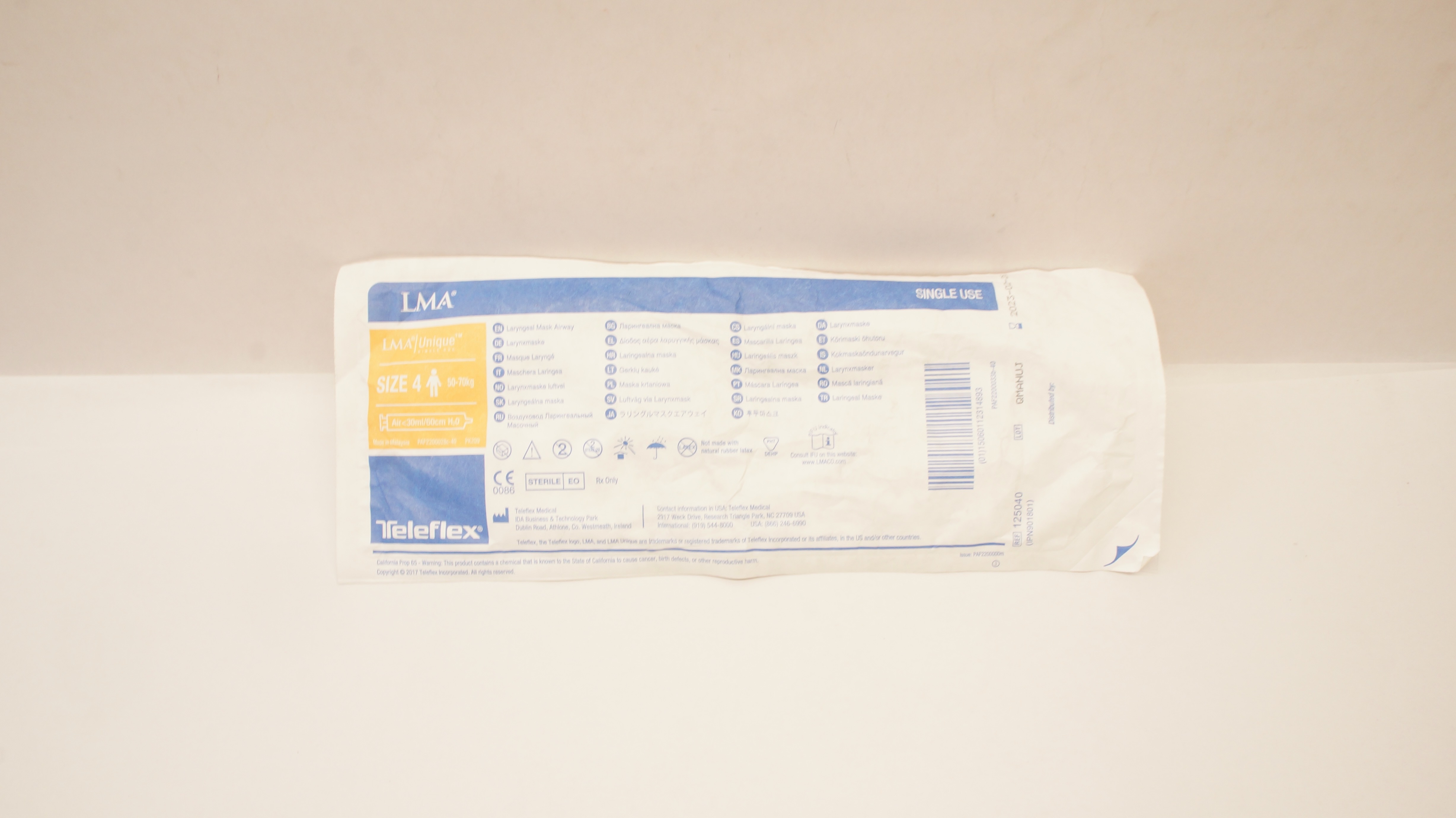 Teleflex 125040 LMA Laryngeal Mask Airway Size 4 50-70kg Air <30ml/60cm H2O (x)