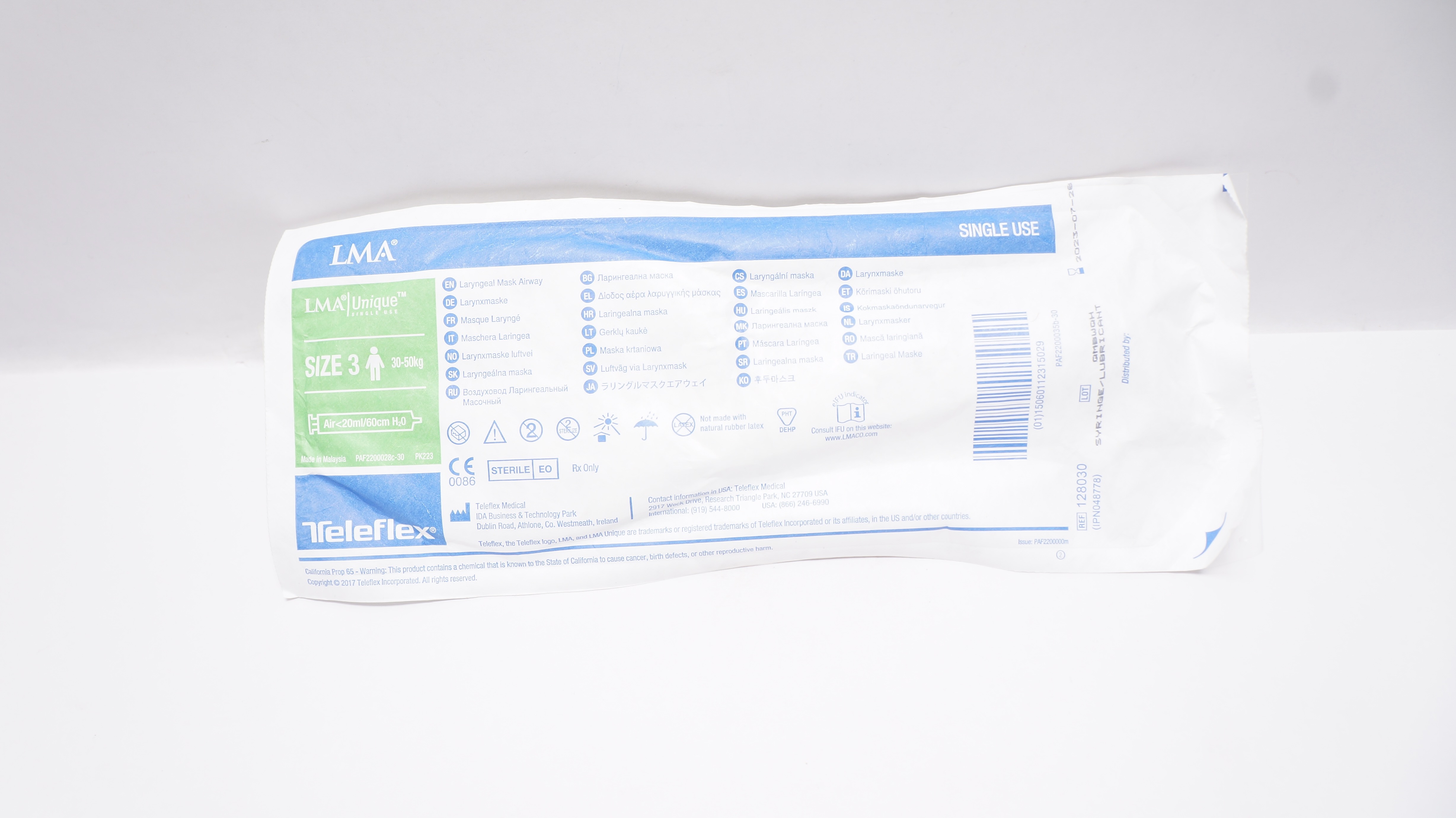 Teleflex 128030 LMA Unique Laryngeal Mask Airway Size 3 30-50kg <20ml/60cm H2O(x)