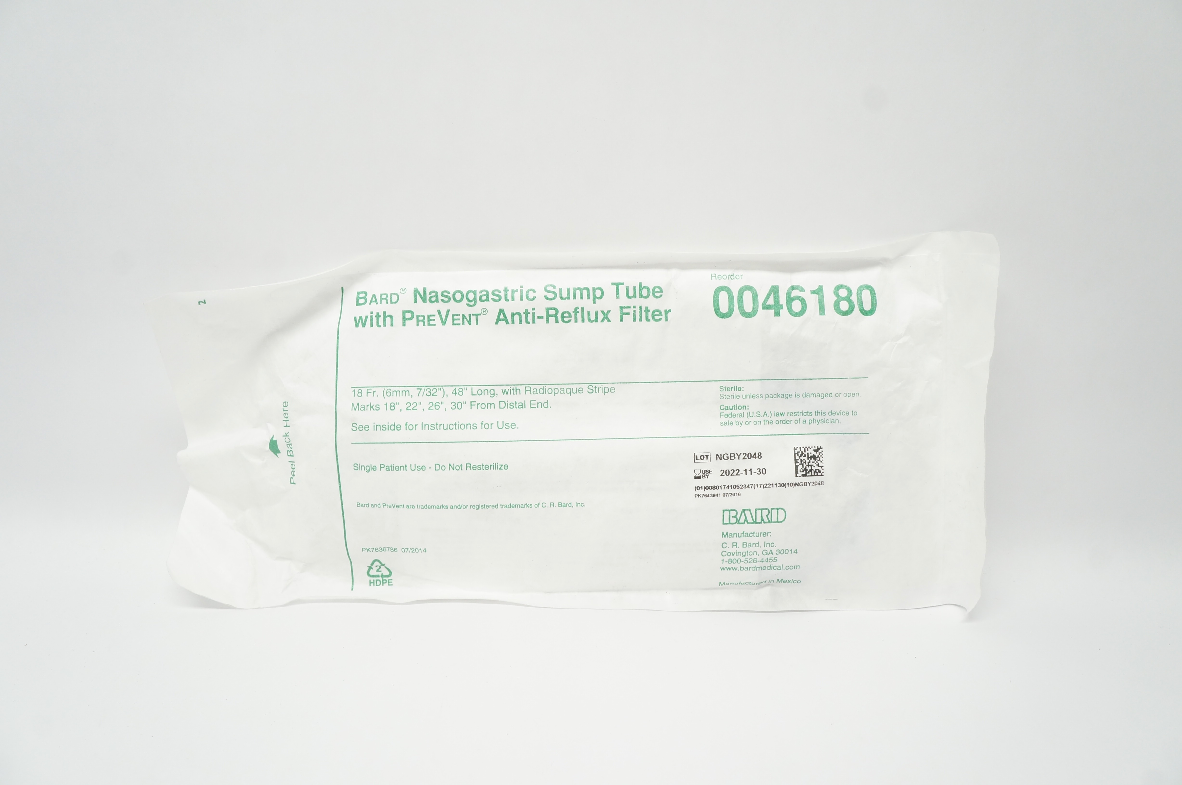 Bard 0046180 Nasogastric Sump Tube With PreVent Anti-Reflux Filter 18Fr
