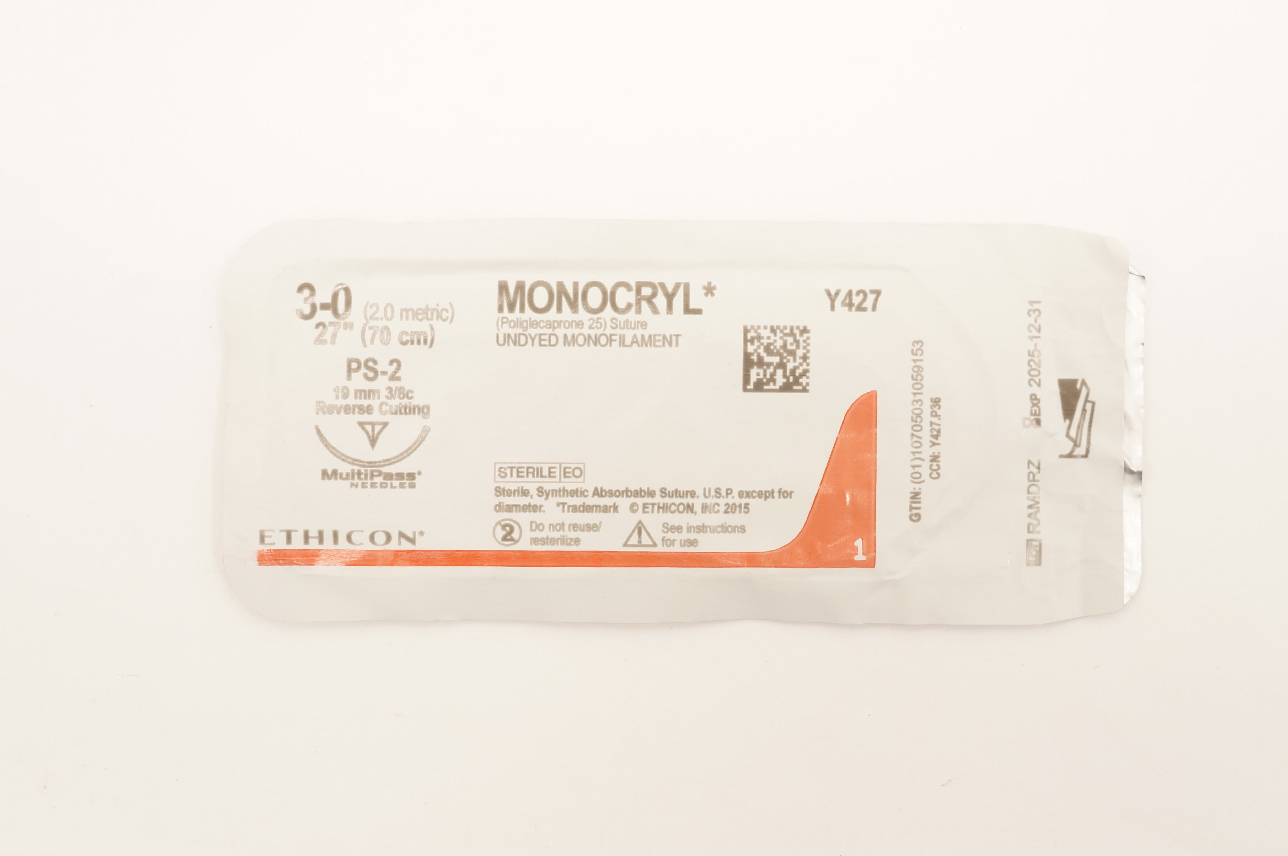 Ethicon Y427 3-0 MONOCRYL Undyed PS-2 19mm 3/8c Reverse Cutting 27inch
