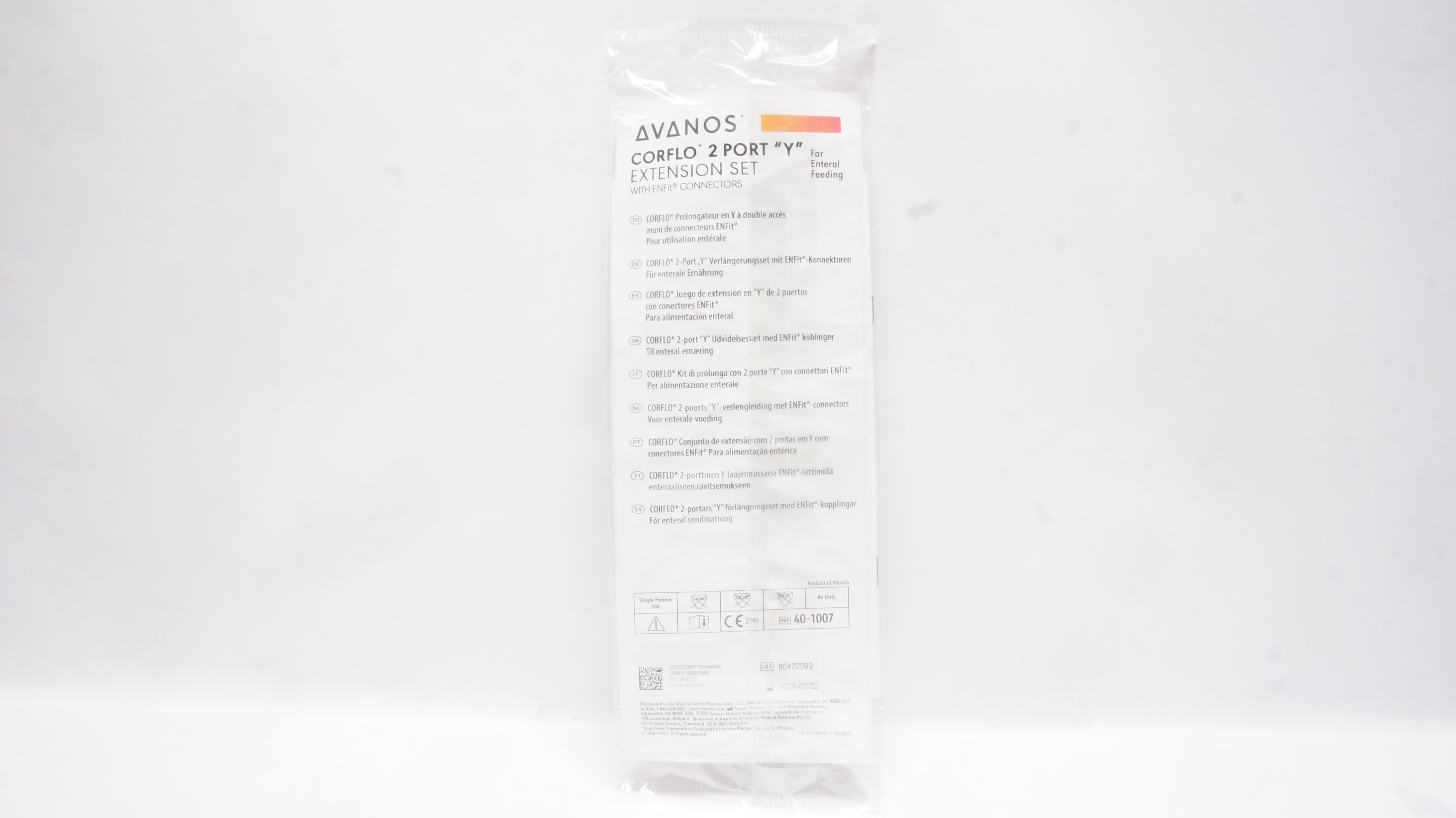 Avanos 401007 Corflo 2 Port "Y" Extension Set w/ENFit Connectors