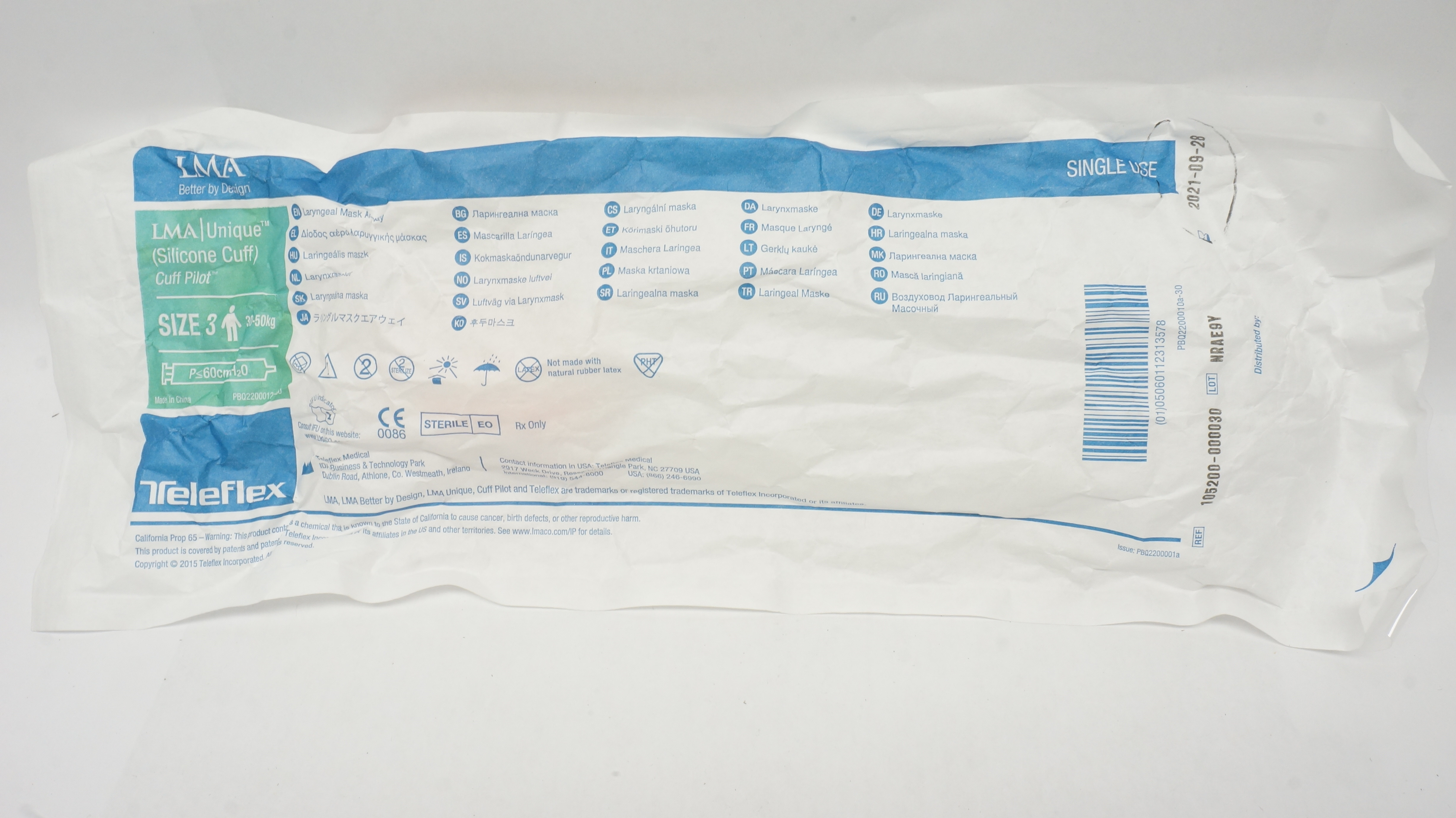 Teleflex 105200-000030 LMA Unique Laryngeal Mask Airway Size 3 30-50kg (x)