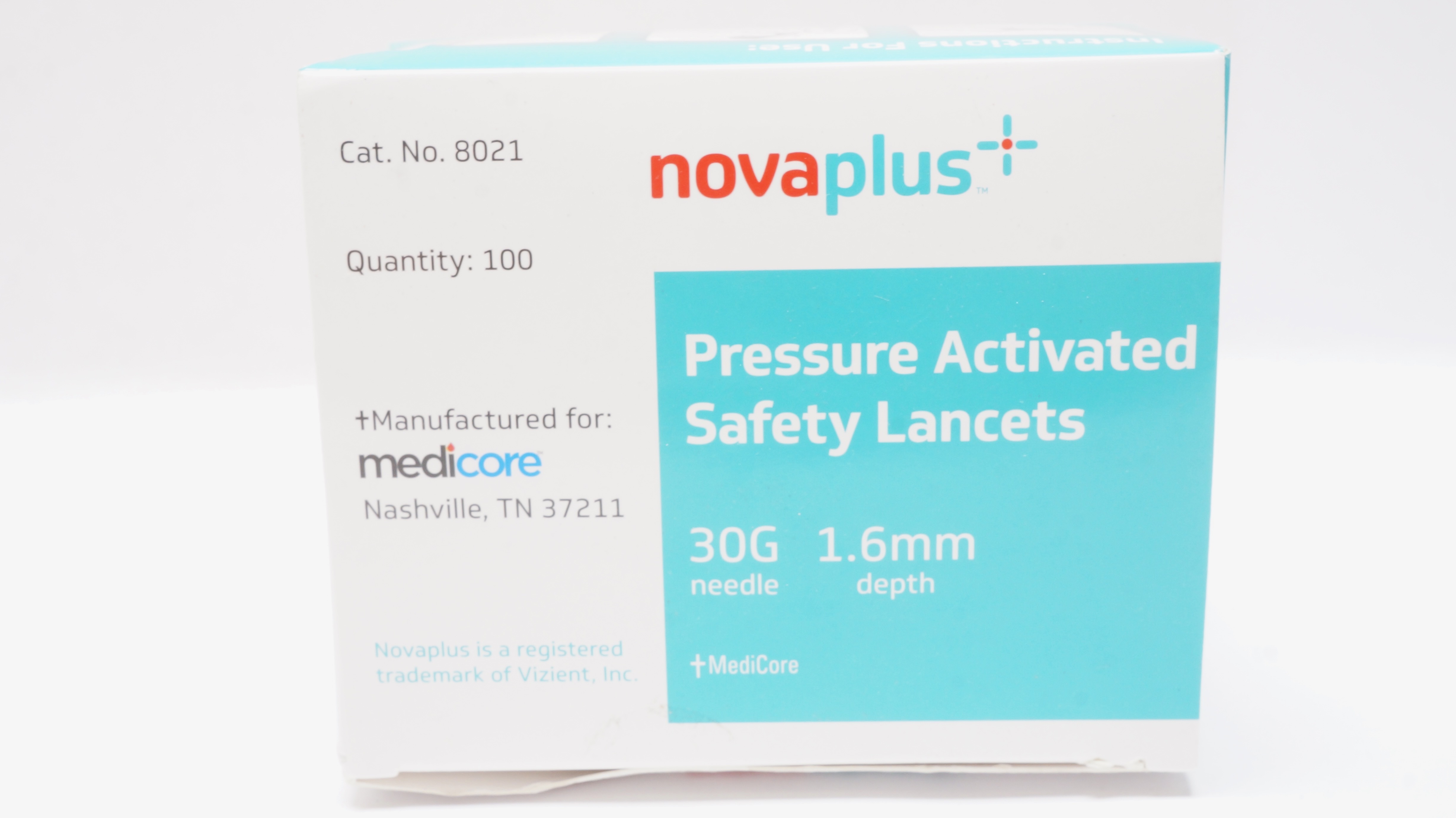 Medicore 8021 Novaplus Pressure Activated Safety Lancets 30G x1.6mm - Box of 100