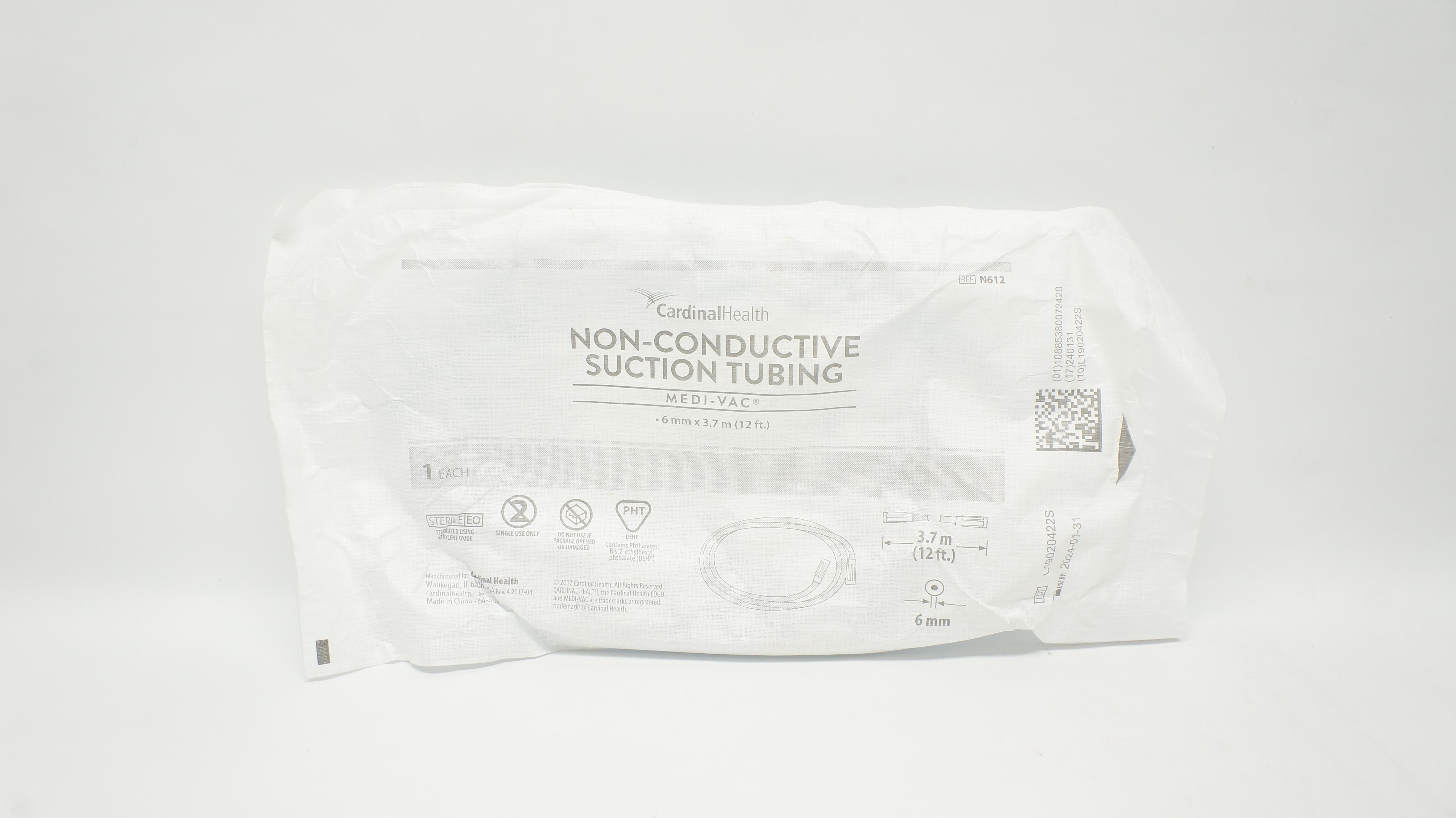 Cardinal Health N612 Medi-Vac Non-Conductive Suction Tubing 6mm x 12ft.