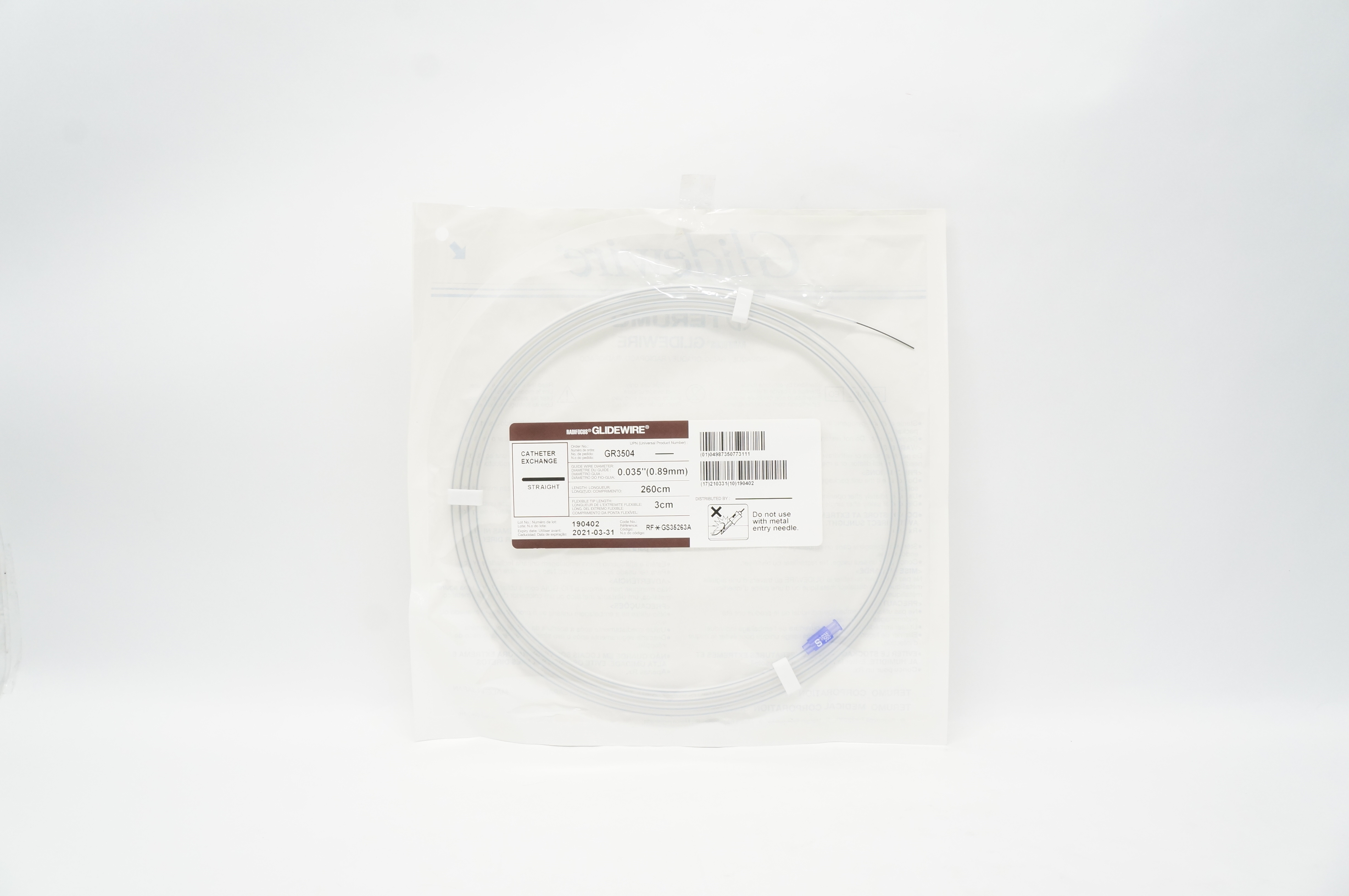 Terumo GR3504 Radiofocus Glidewire Straight 0.035inch x 260cm x 3cm (x)