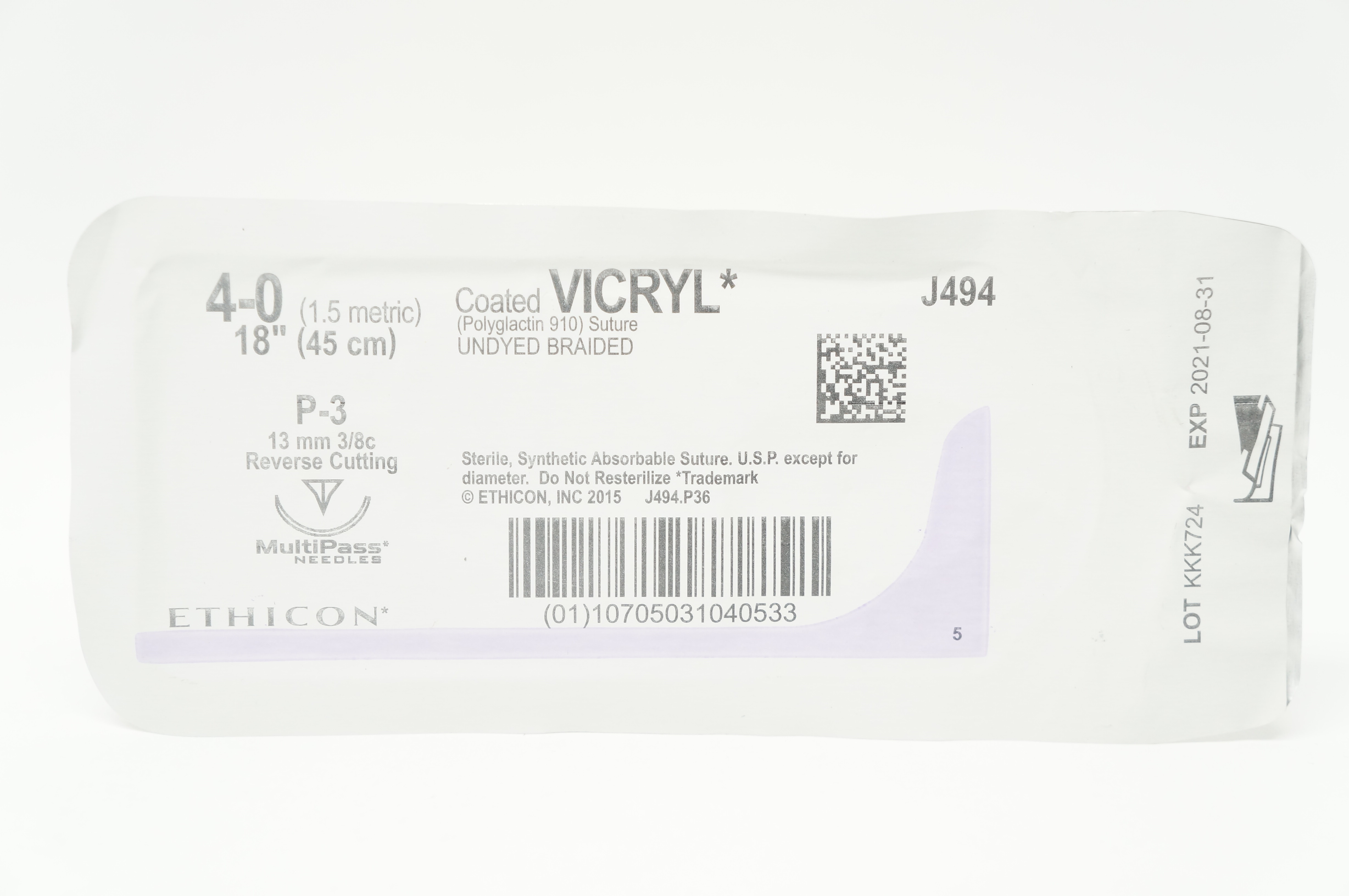 Ethicon J494 4-0 Coated VICRYL Stre P-3 13mm 3/8c Reverse Cutting 18inch (x)