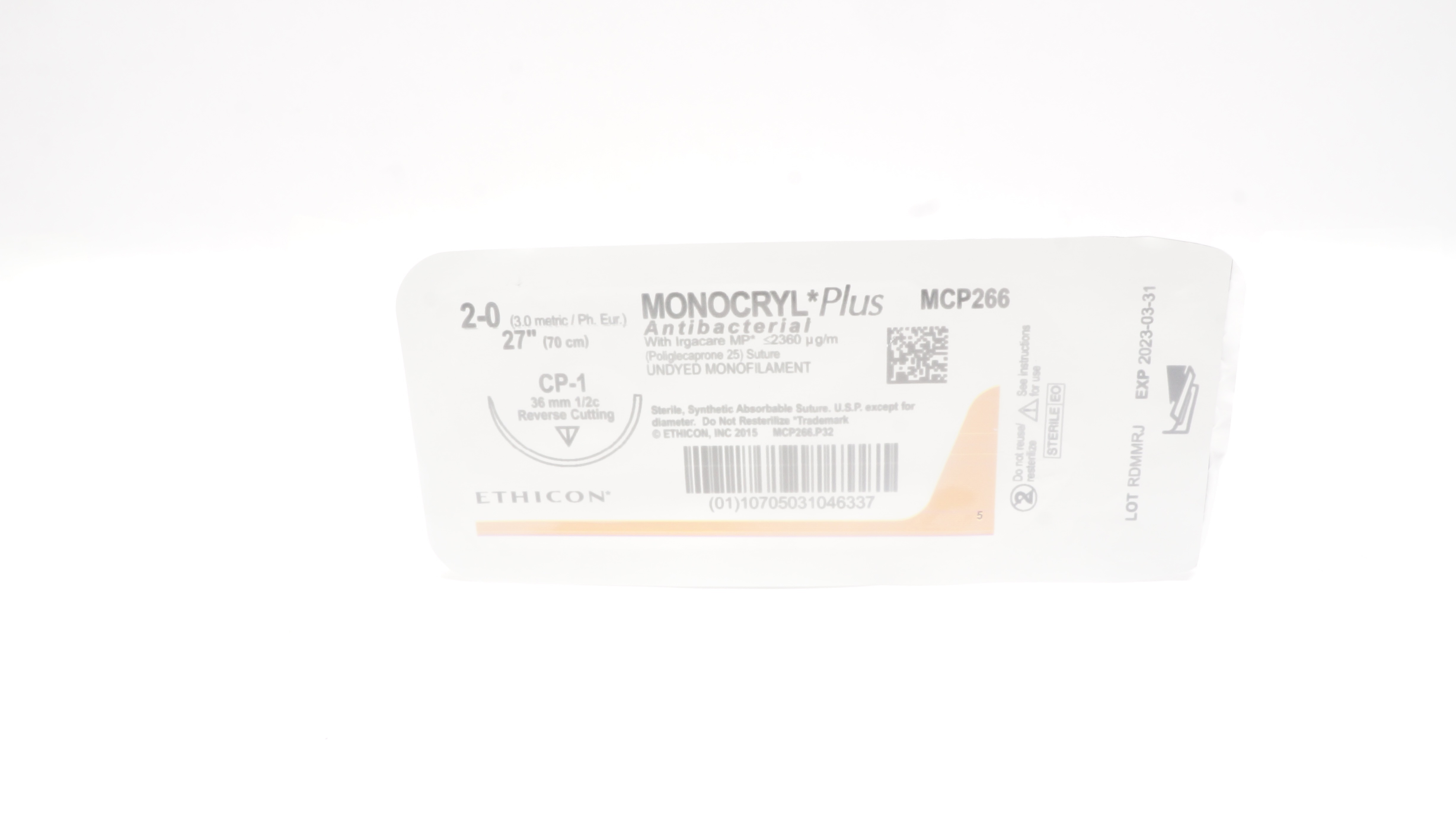 Ethicon MCP266 2-0 Monocryl Plus, CP-1, 36mm 1/2c Reverse Cutting, 27inch (x)