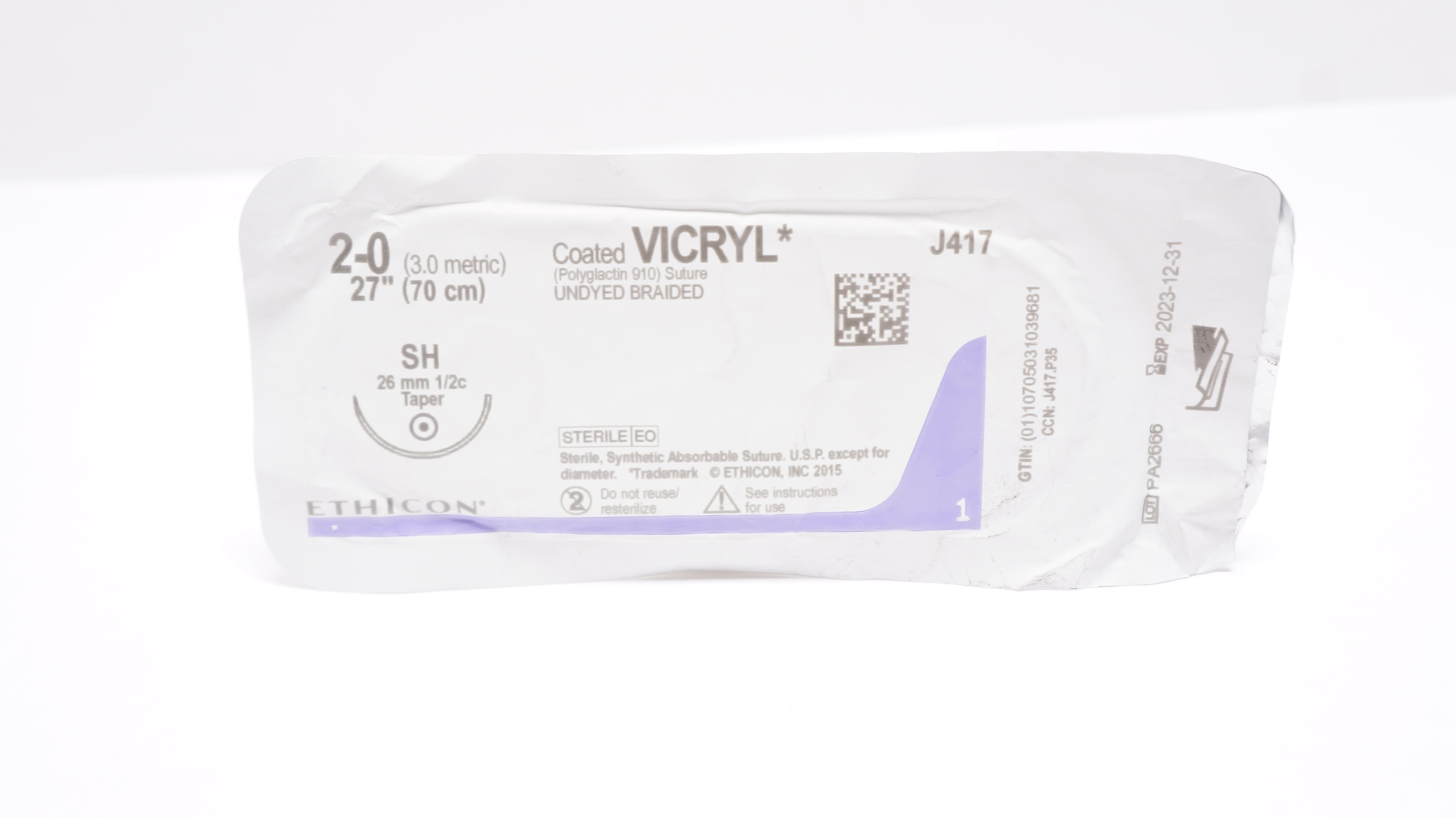 Ethicon J417 2-0 Coated VICRYL Polyglactin 910 Stre SH 26mm 1/2c Taper, 27inch