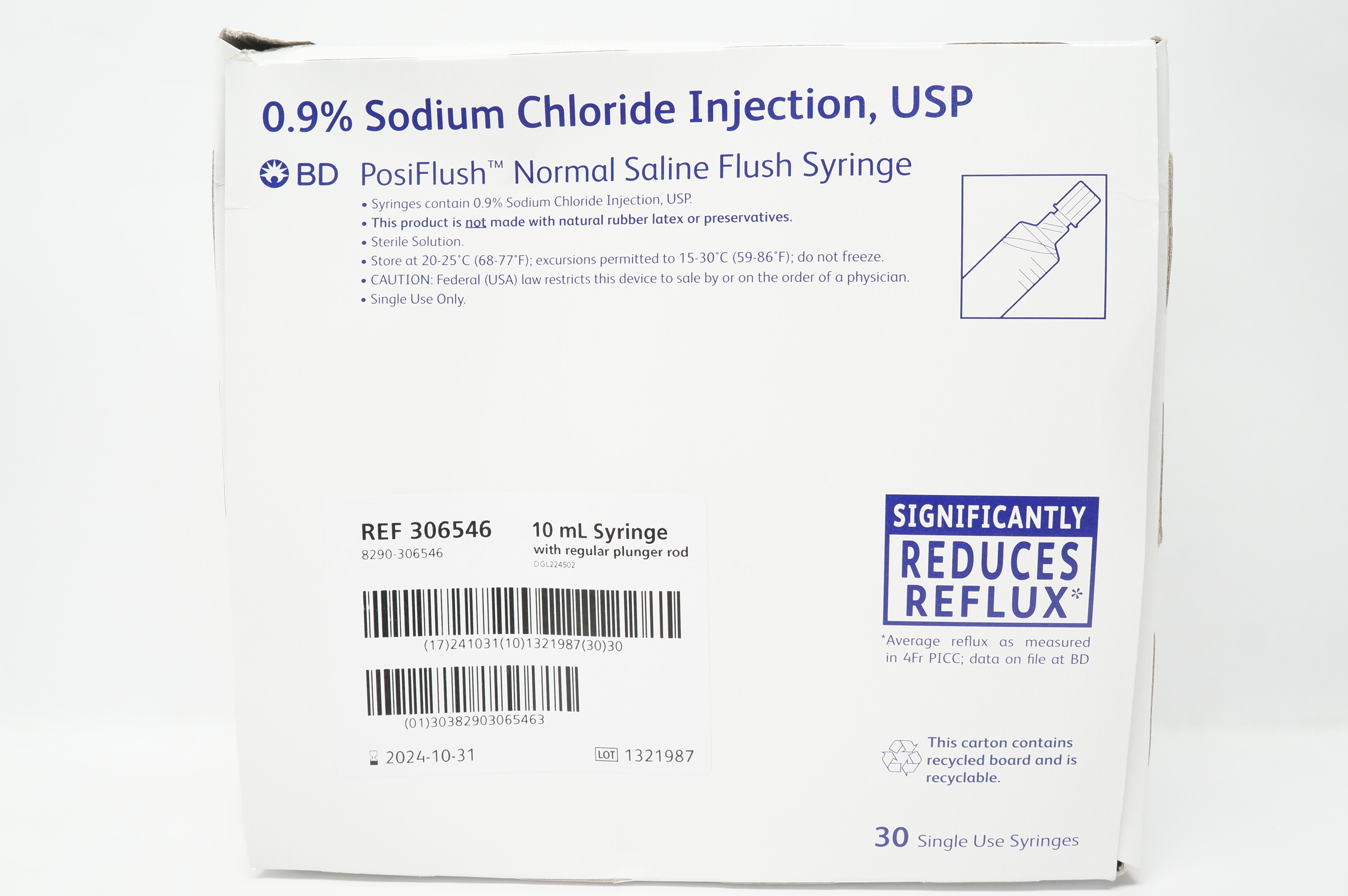 BD 306546 0.9% Sodium Chloride Injection USP Syringe 10mL - Box of 30