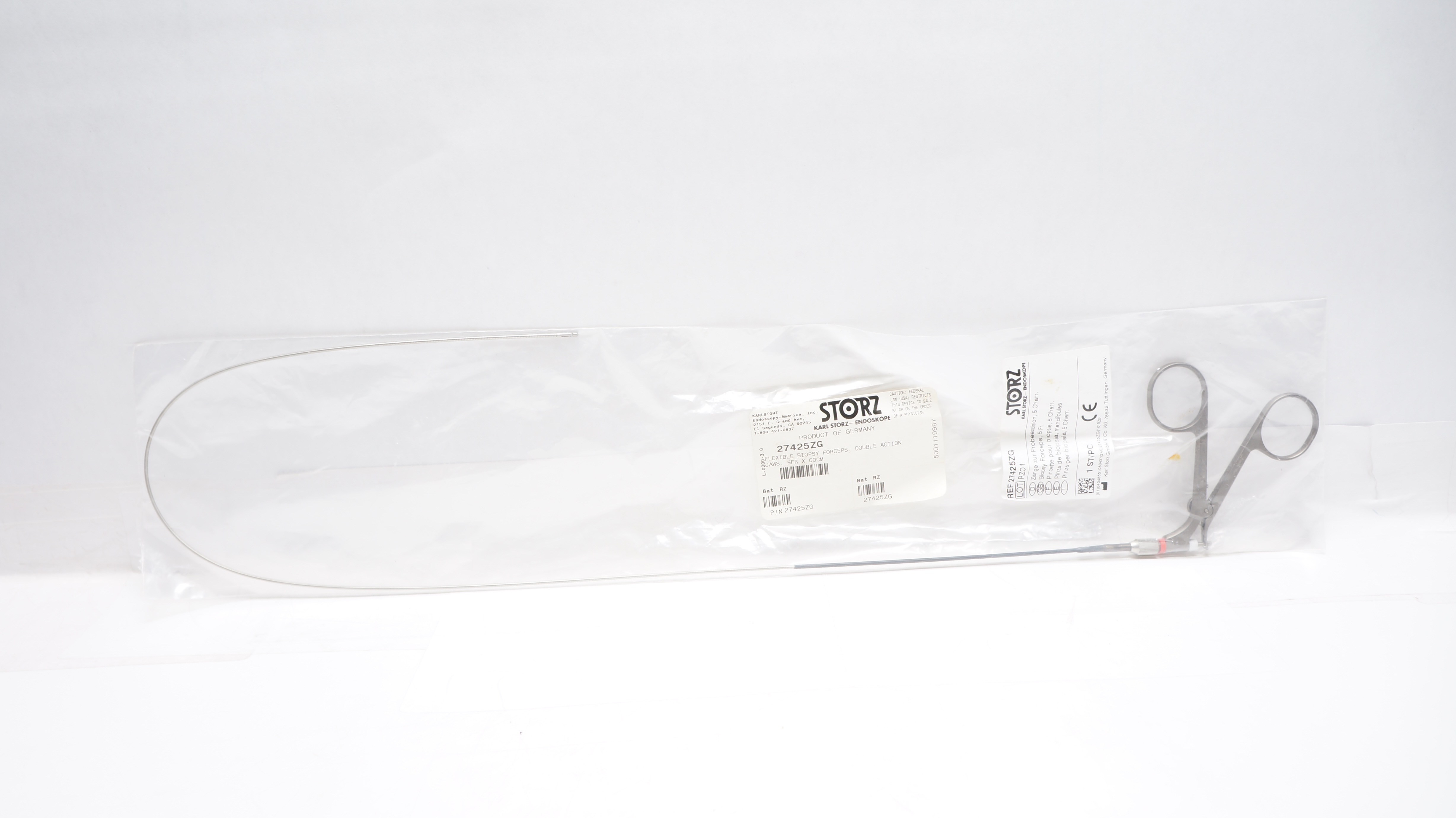 Karl Storz 27425ZG Flexible Biopsy Forceps, Double Action Jaws 5 Fr x 60 cm