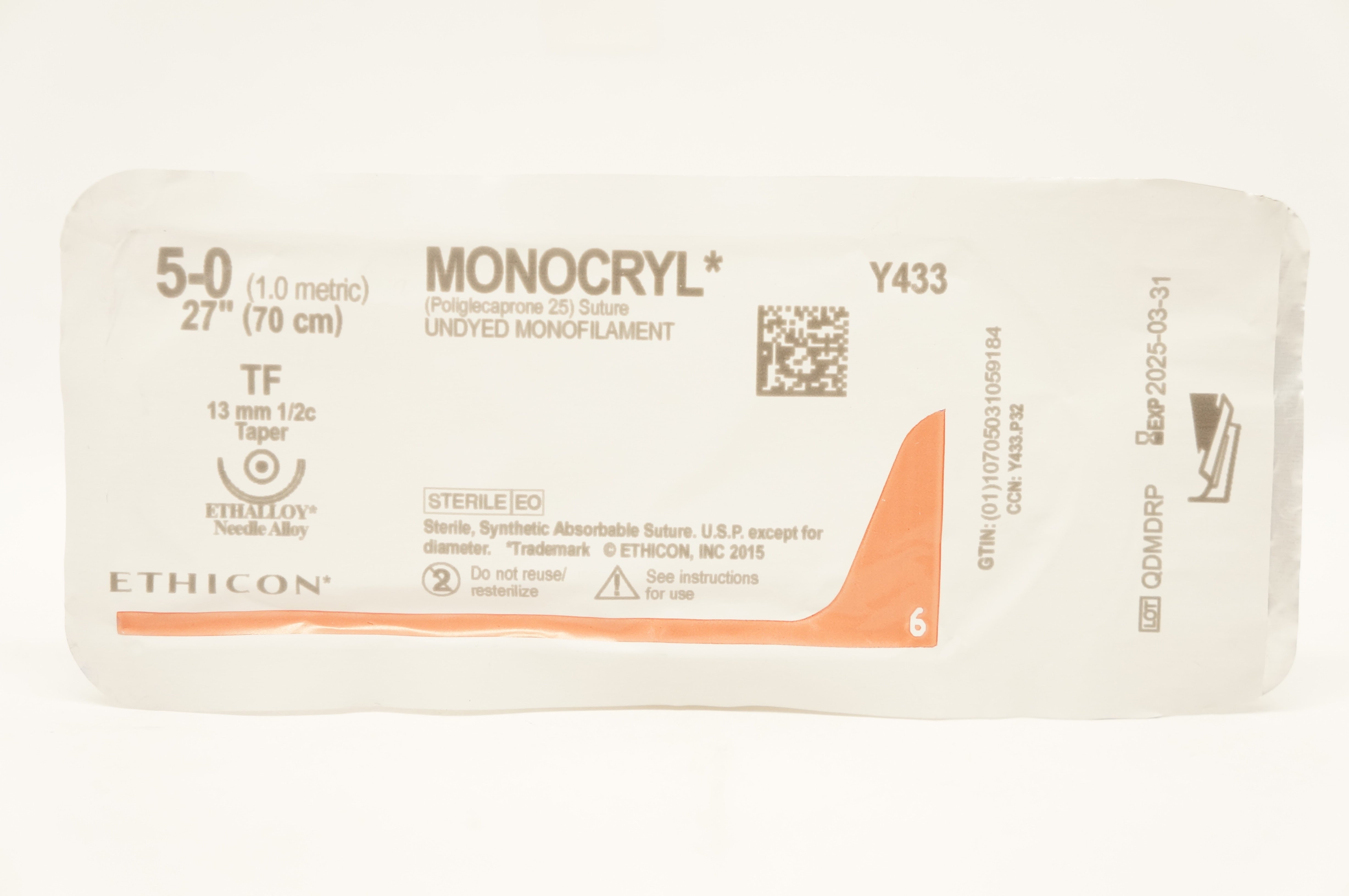 Ethicon Y433 5-0 MONOCRYL Stre Undyed Monofilament TF 13mm 1/2c Taper, 27inch