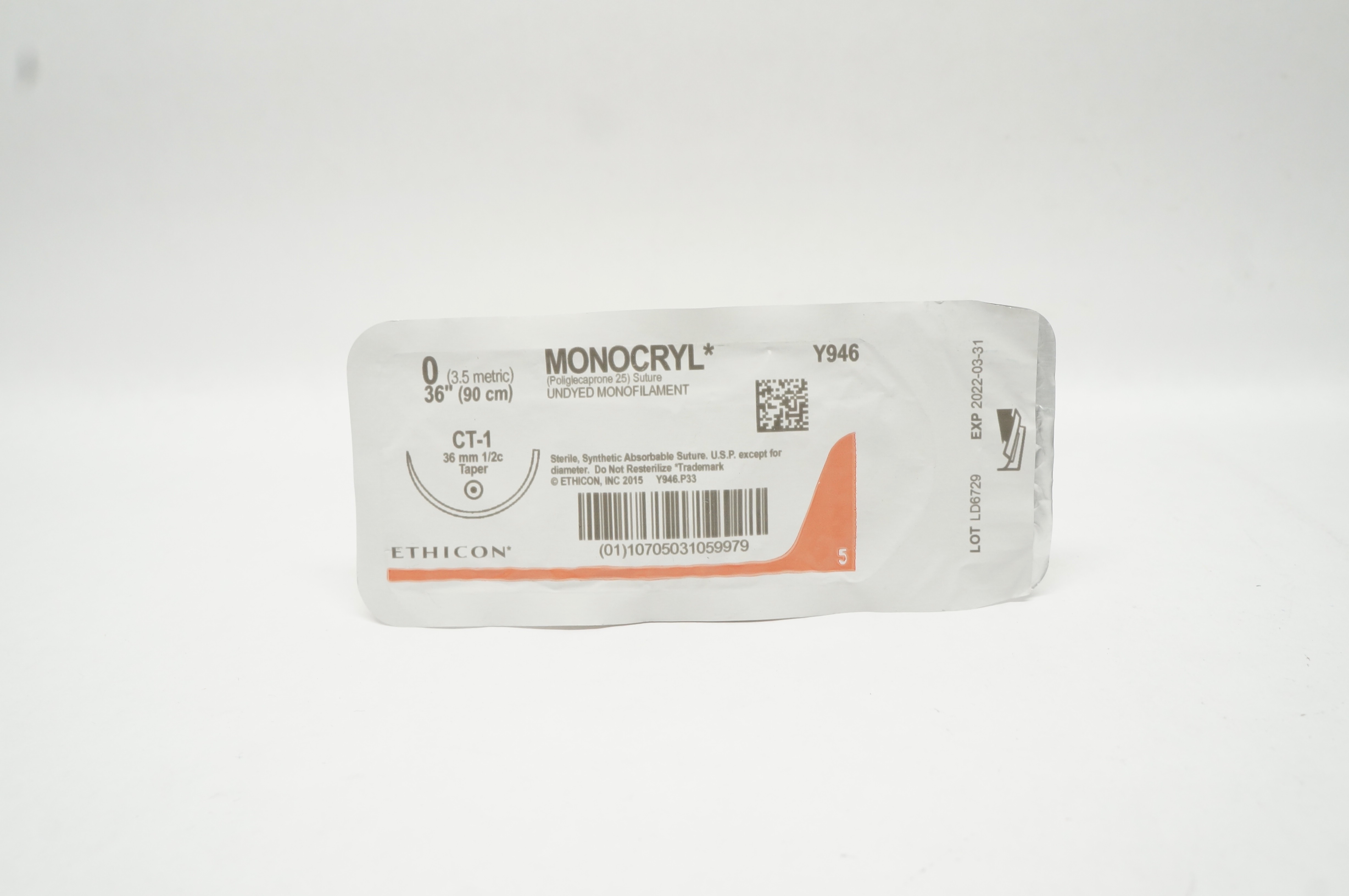 Ethicon Y946 0 MONOCRYL Stre Undyed Monofilament CT-1 36mm 1/2c Taper 36inch (x)