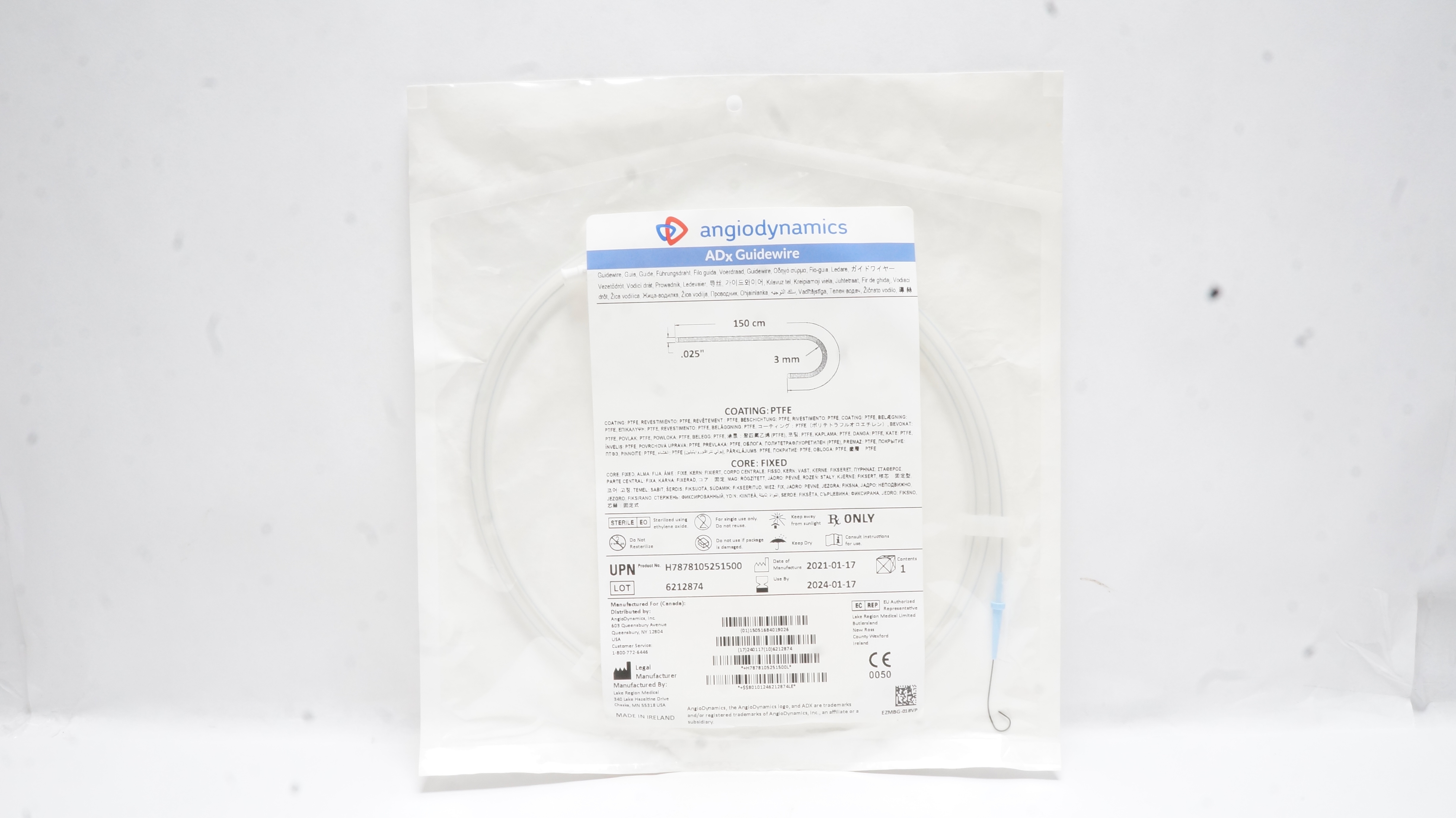 Angiodynamics H7878105251500 Adx Guidewire 150cm x 3mm x .035inch (x)
