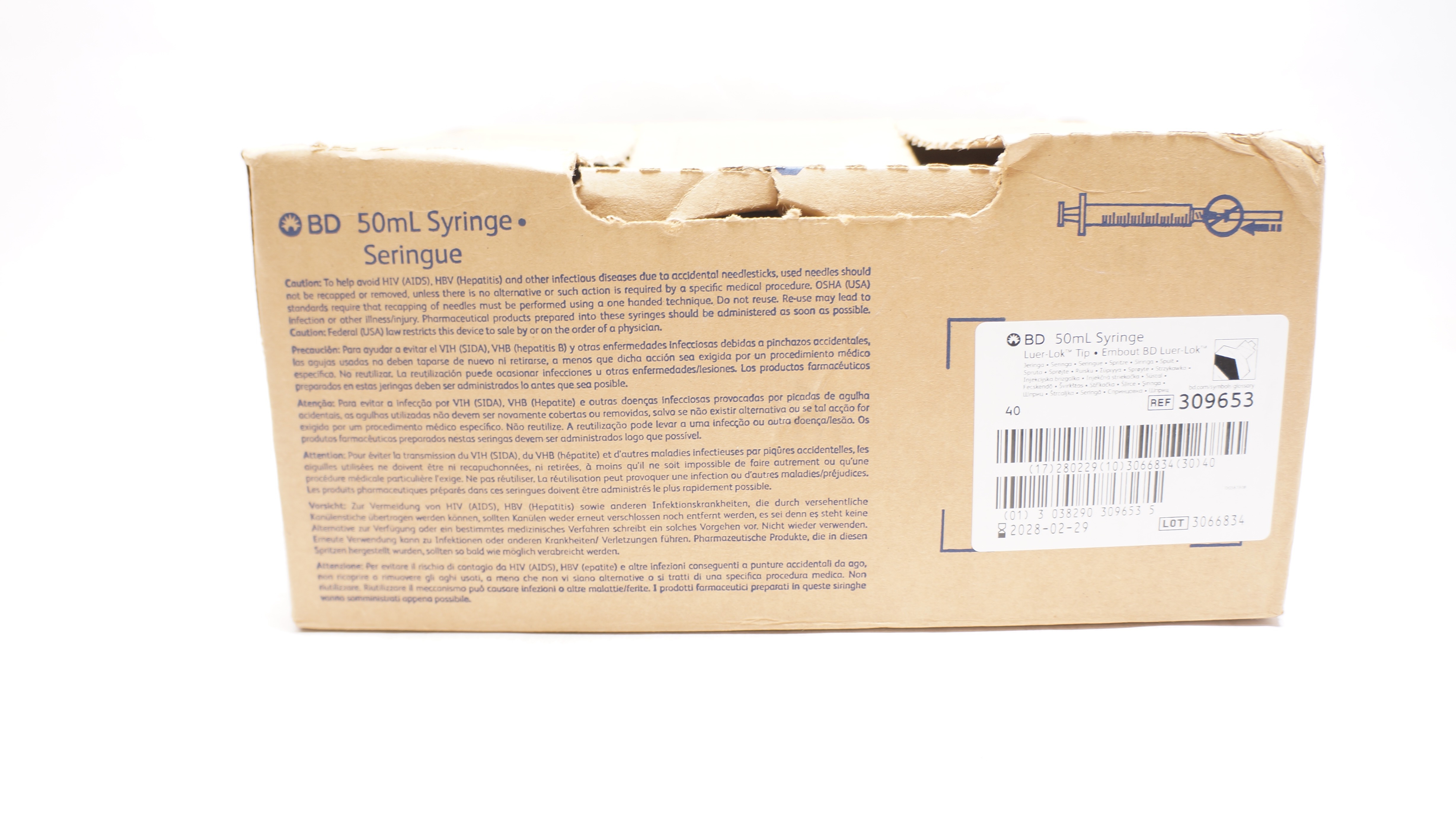 BD 309653 Syringe Luer-Lok Tip 50mL - Box of 40
