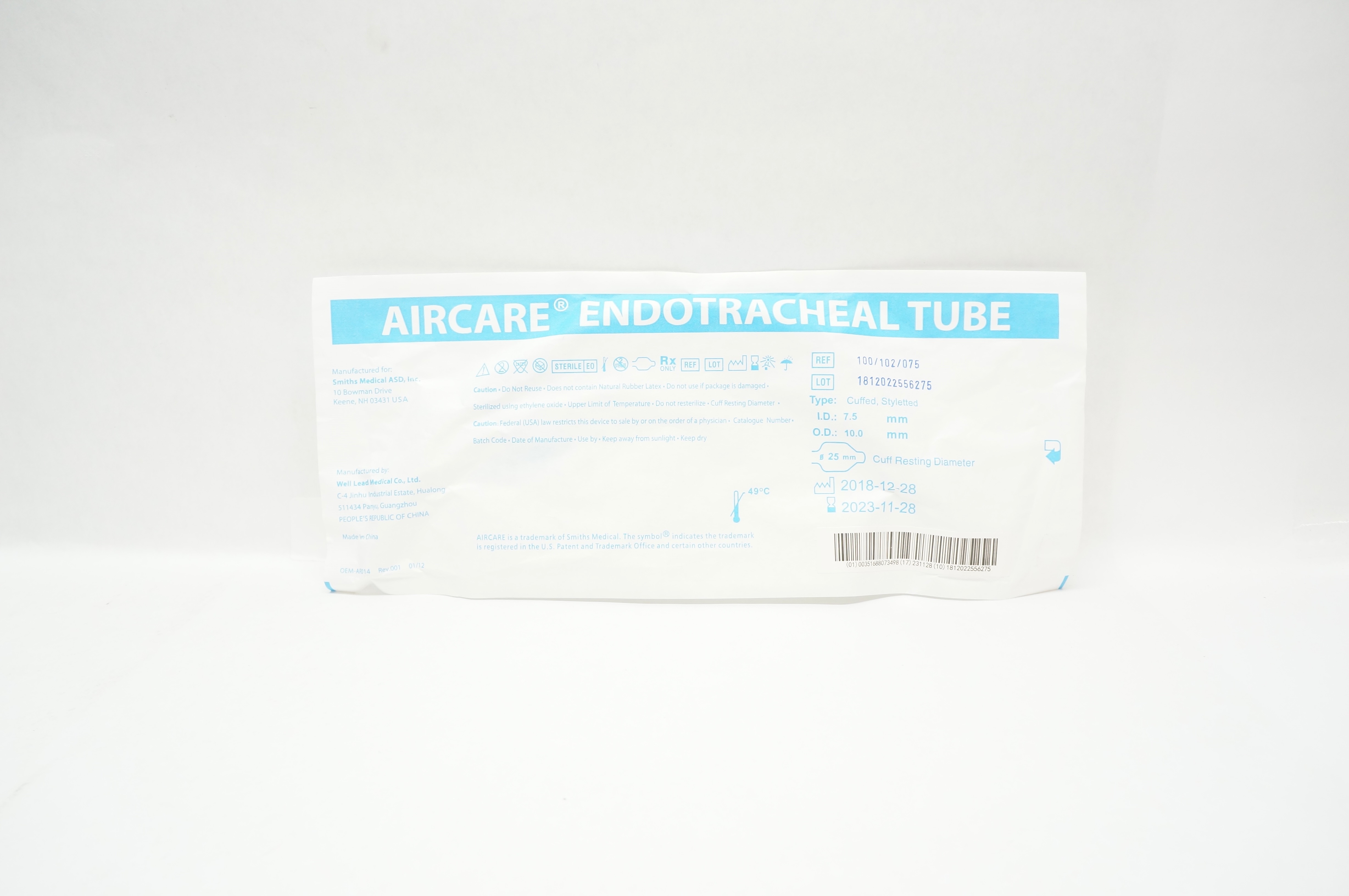 Smiths Medical 100/102/075 Aircare Endotracheal Tube 7.5mm x 10.0mm x 25mm