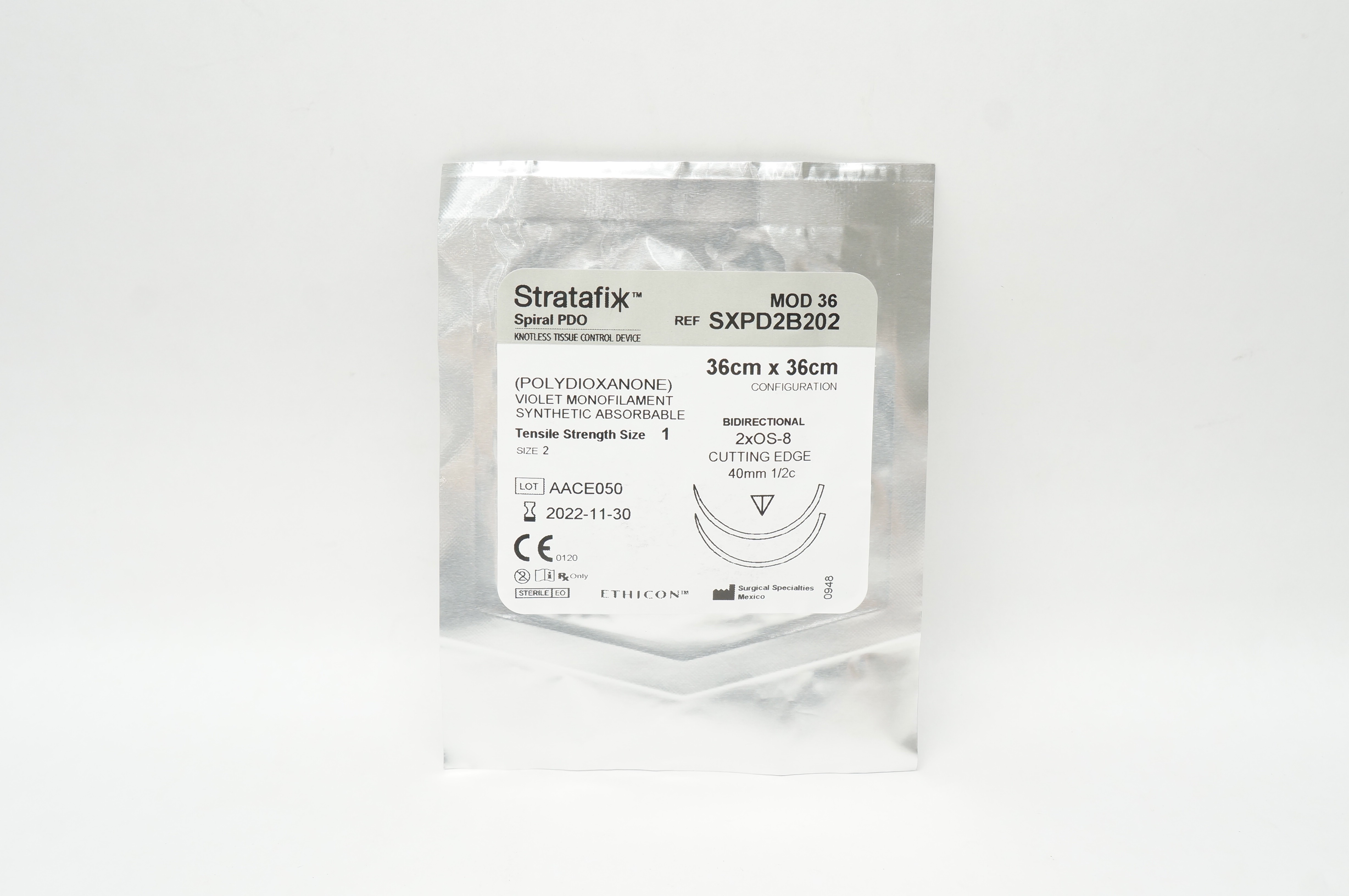 Ethicon SXPD2B202 2 Spiral PDO 2xOS-8 Cutting Edge 40mm 1/2c 36cm x 36cm