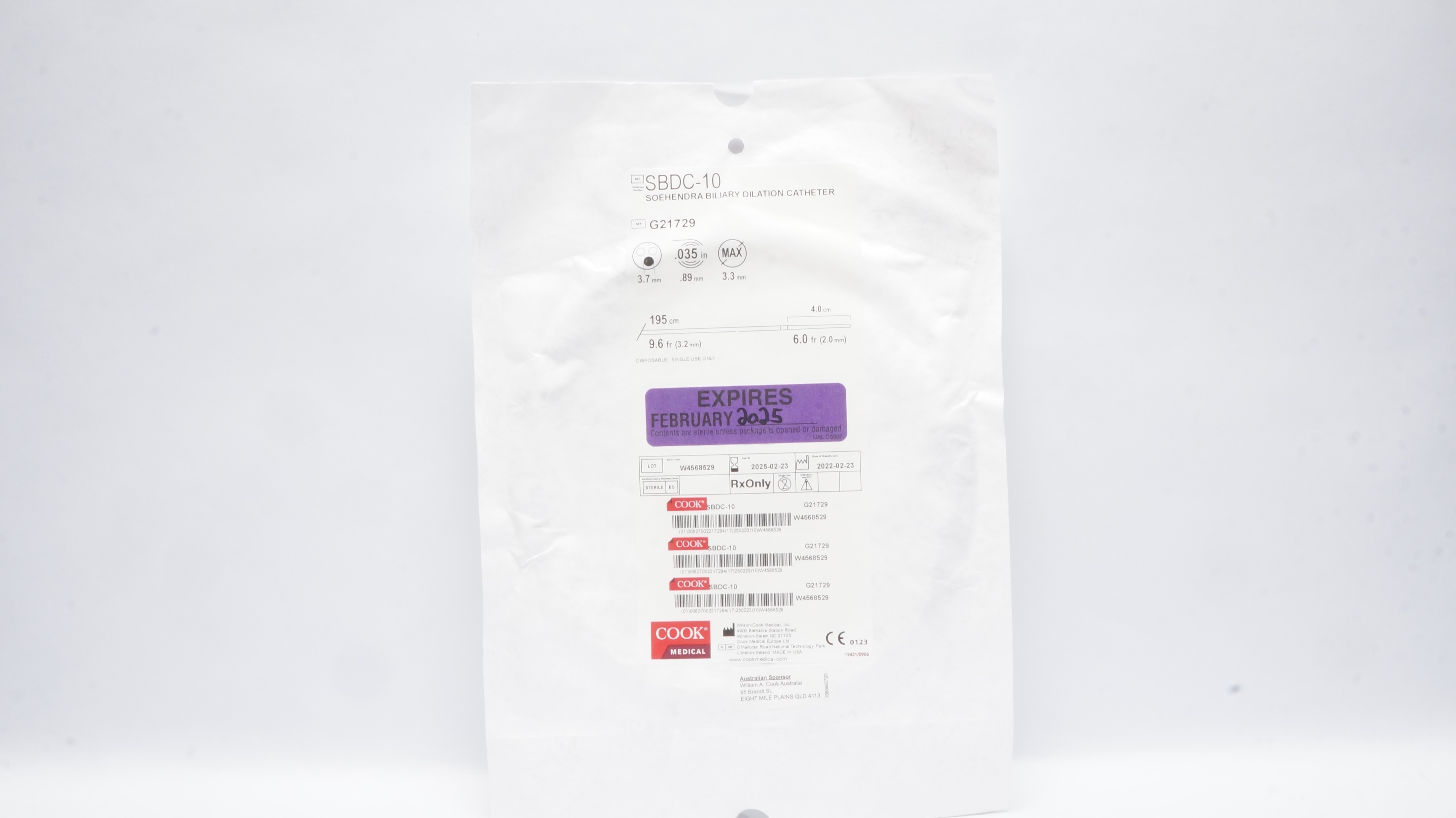 Cook Medical G21729 Soehendra Biliary Dilation Catheter 9.6 - 6.0Fr x 195cm