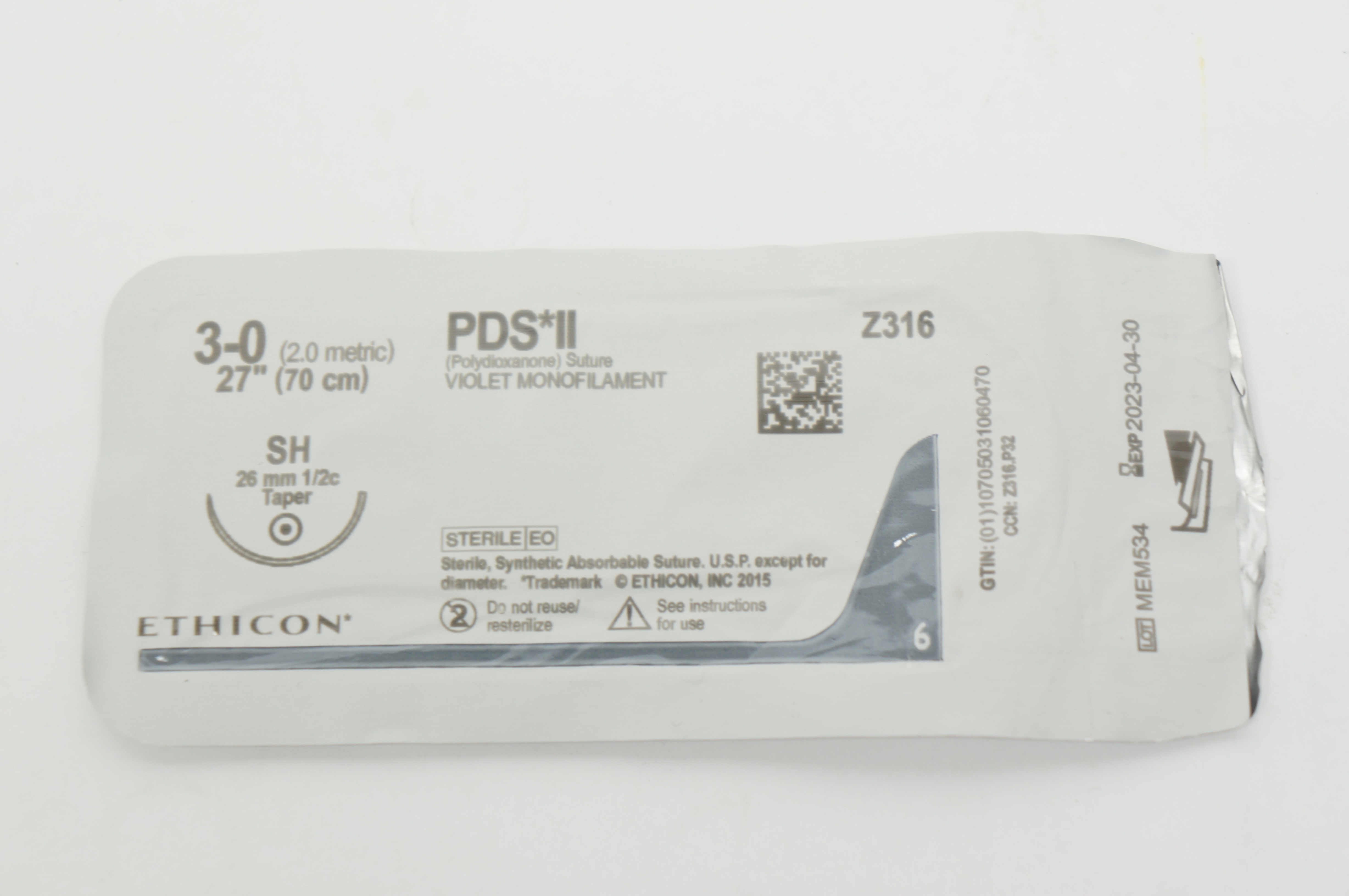Ethicon Z316 3-0 PDS II Violet Monofilament Stre SH 26mm 1/2c Taper 27inch