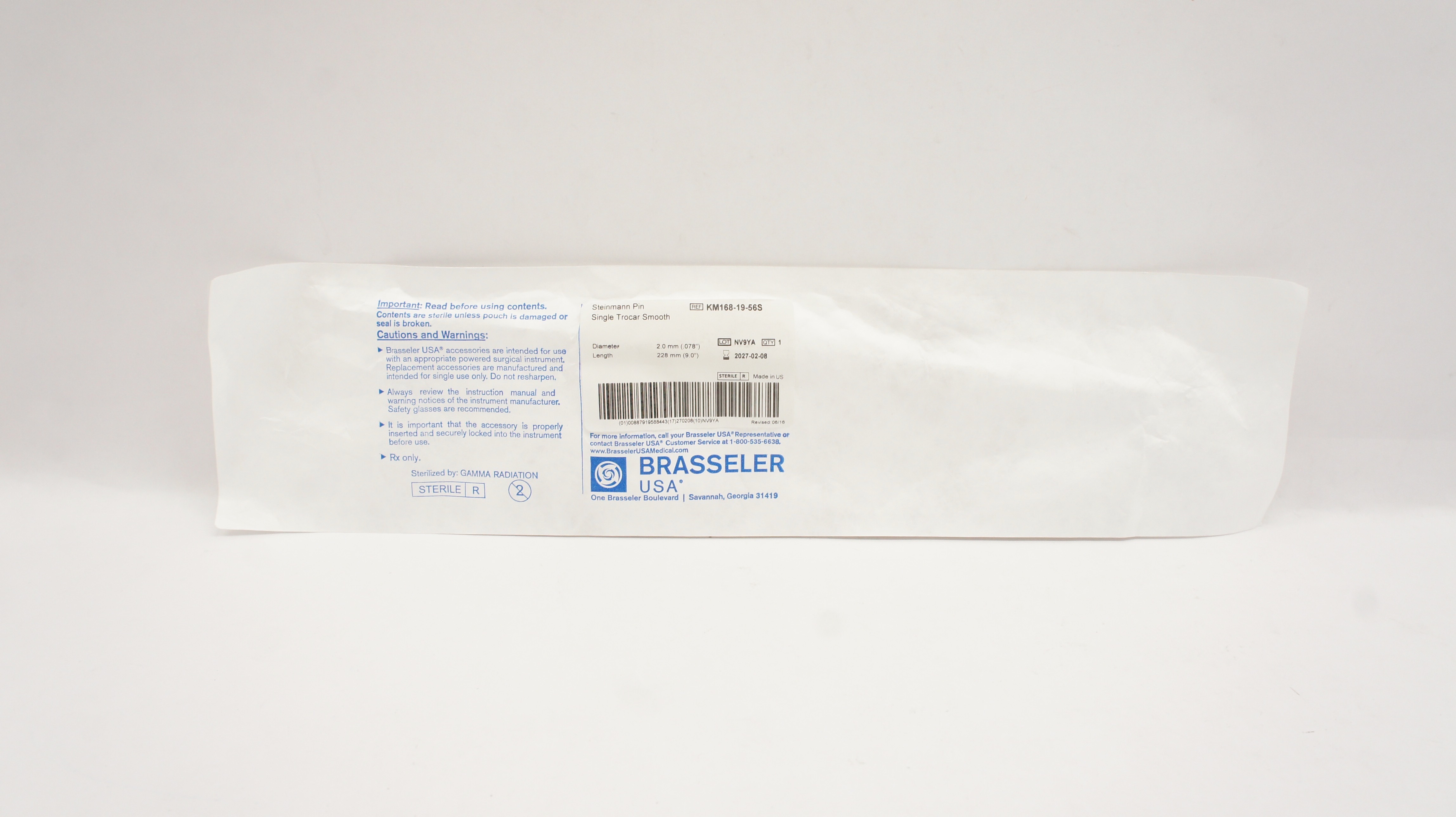 Brasseler KM168-19-96S Steinmann Pin Single Trocar Smooth 2.0mm Diameter 228mm L