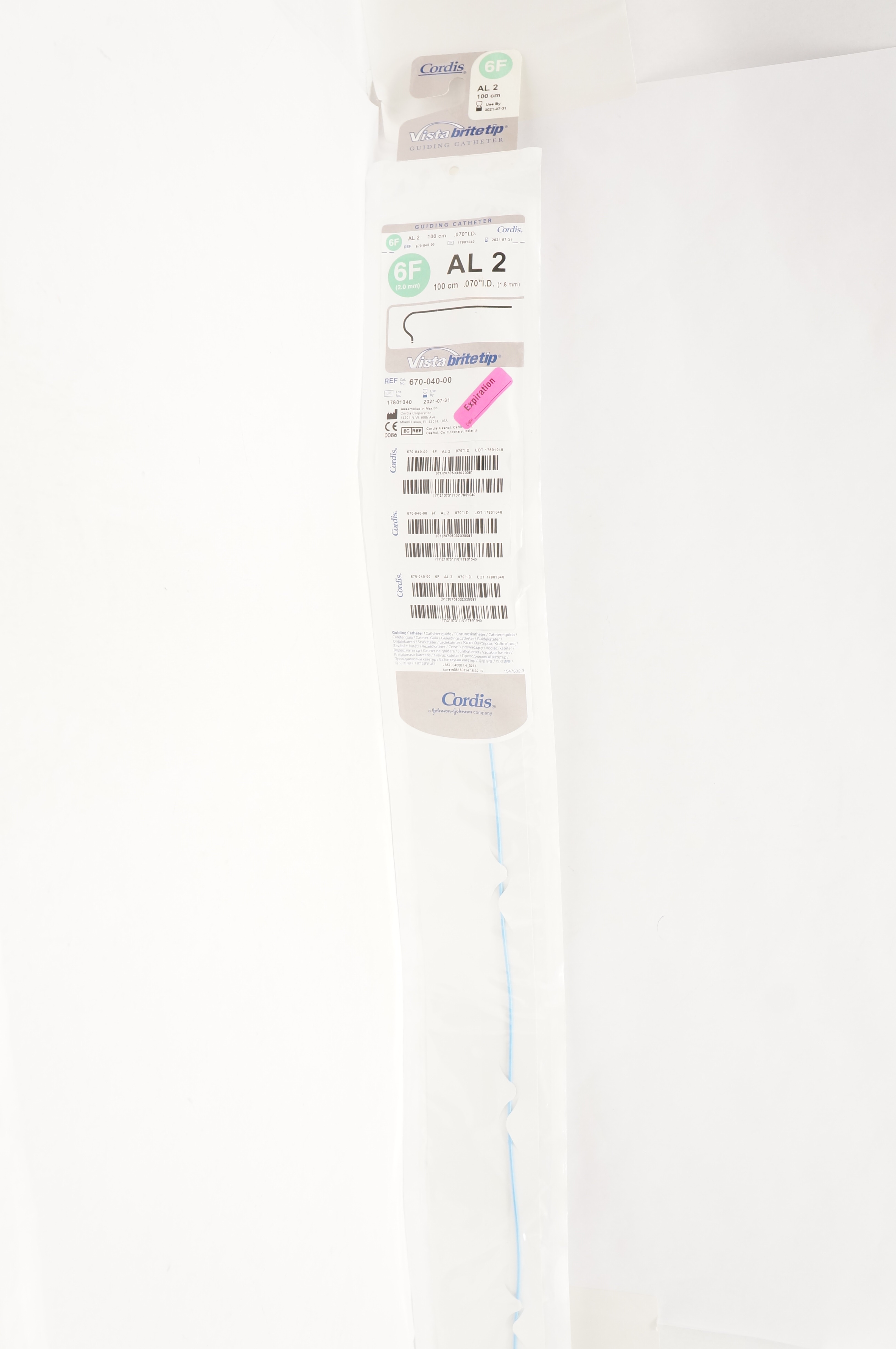 Cordis 670-040-00 Guiding Cath. AL 2, 6F x .070inch x 100cm (x)