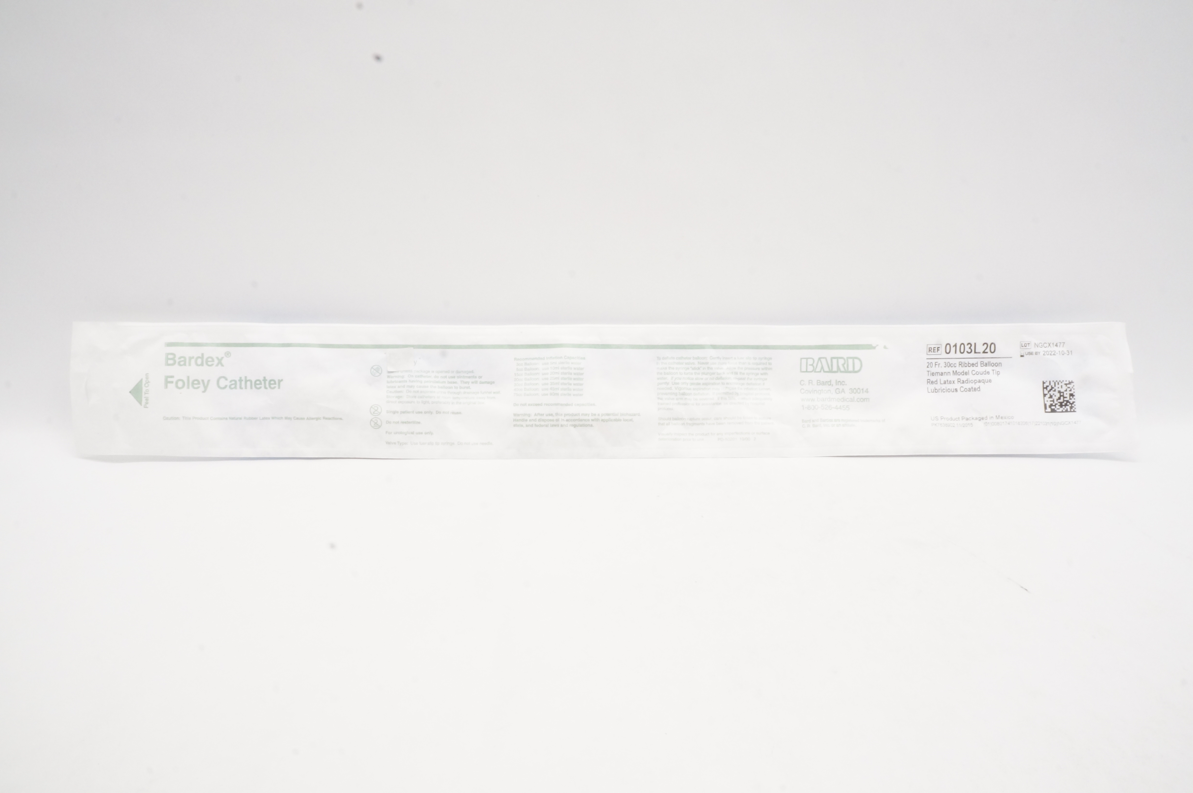 Bard 0103L20 Bardex Foley Cath. Ribbed Balloon Tiemann Model 20Fr x 30cc