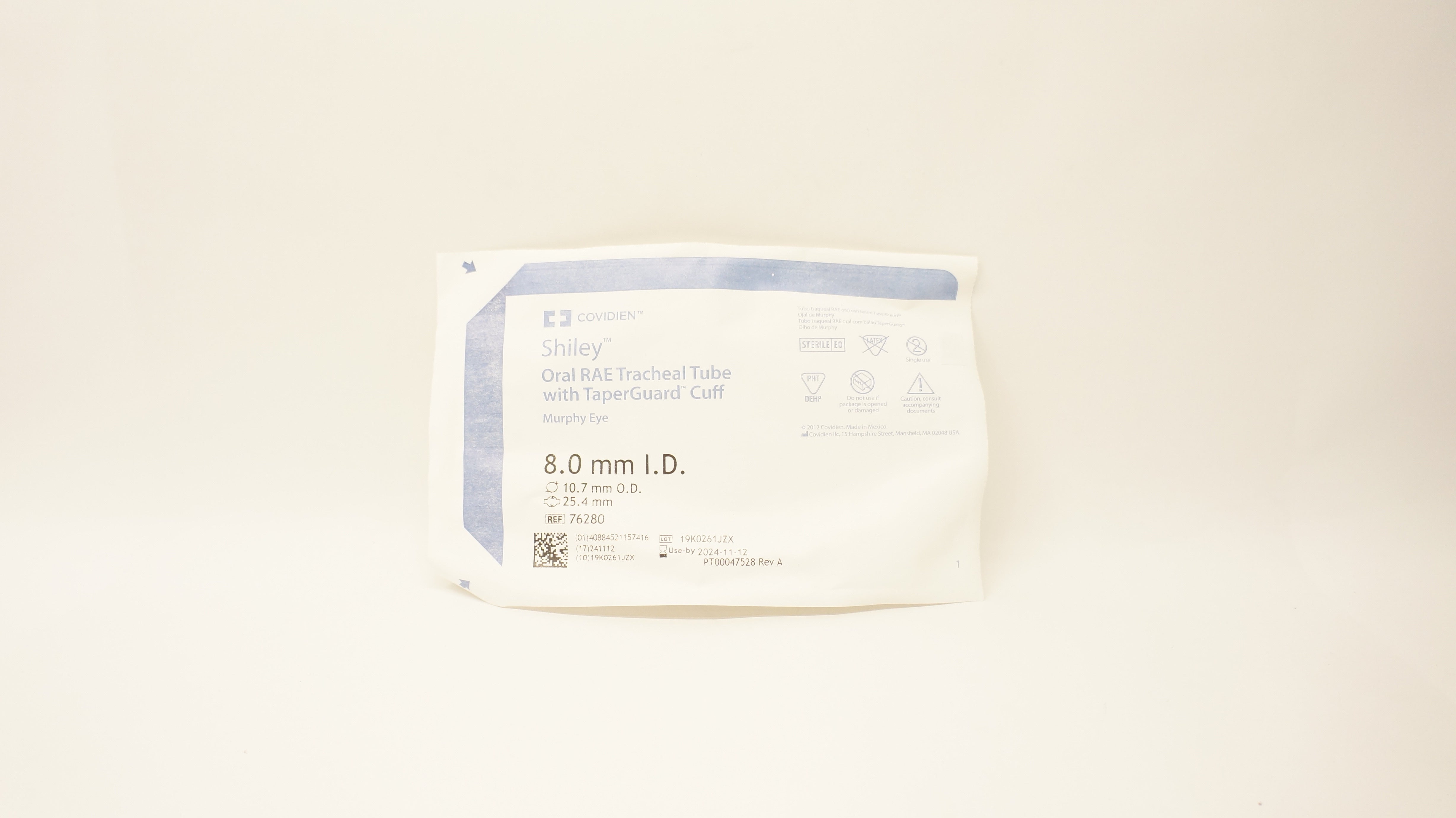 Covidien 76280 Shiley Oral RAE Tracheal Tube W/ TaperGuard Cuff 8.0mm ID 10.7 OD
