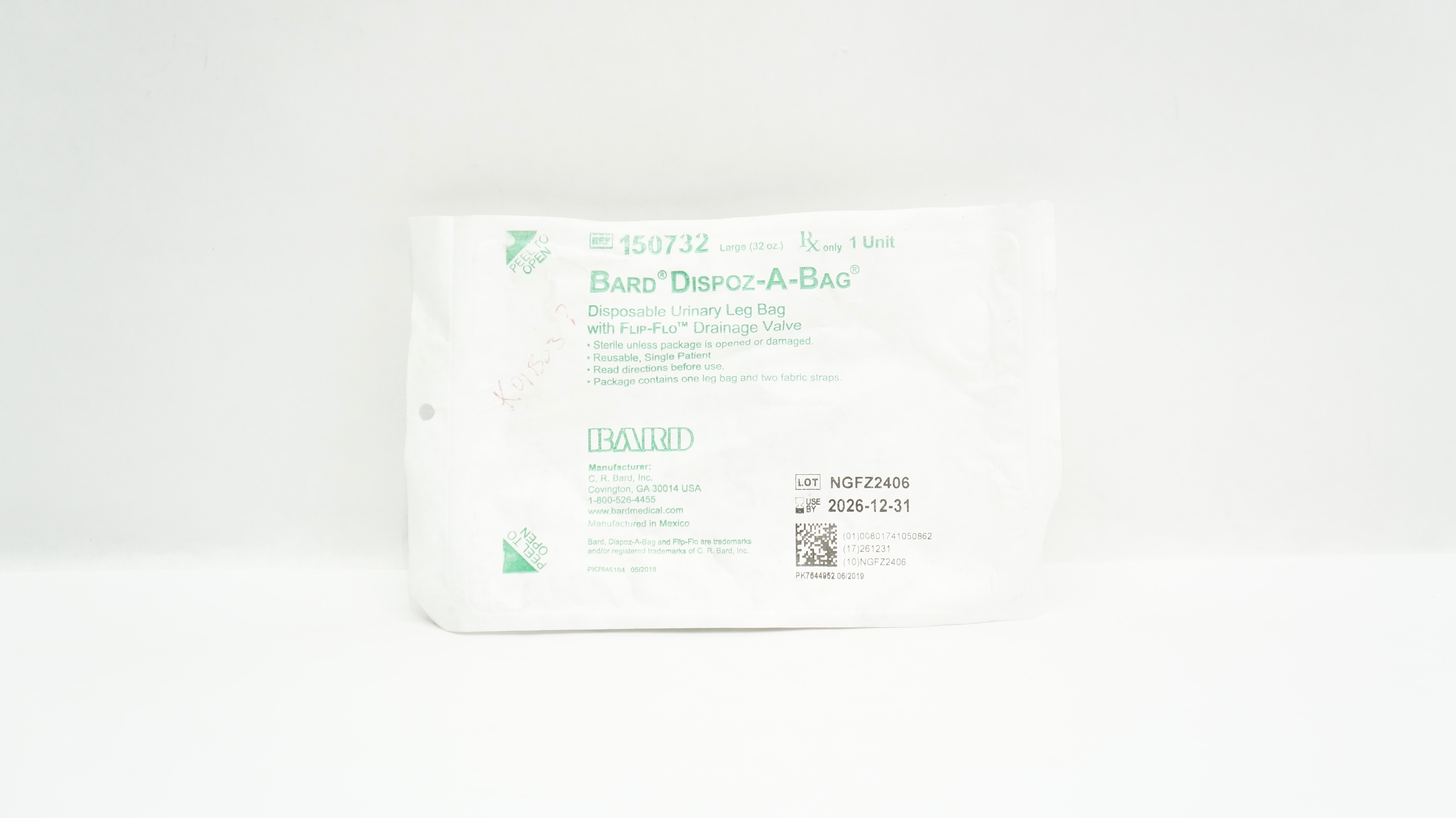 Bard 150732 Dispoz-A-Bag Disposable Urinary Leg Bag w/Drainage Valve Large 32oz.