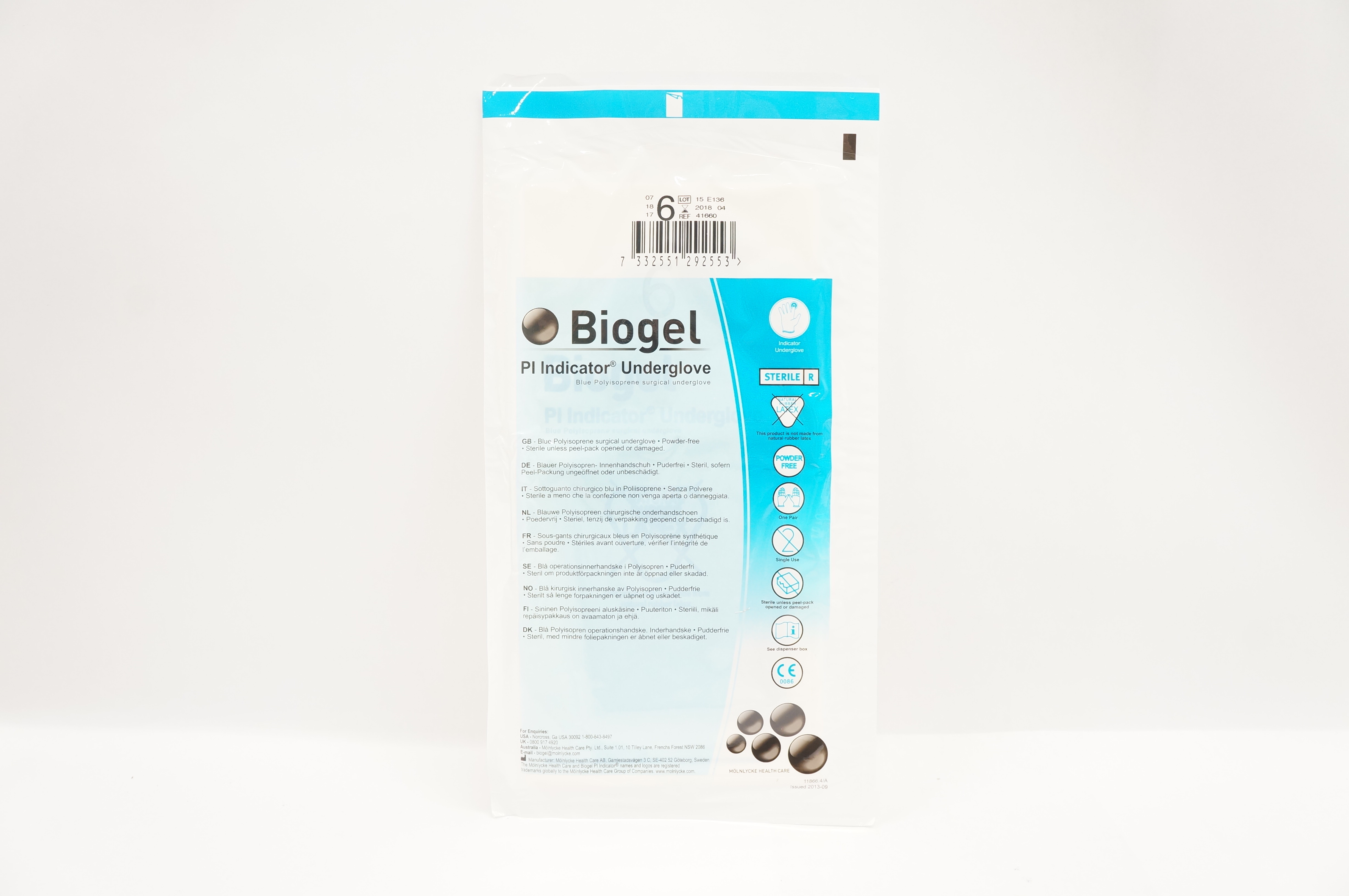 Molnlycke Health Care 41660 Biogel Pl Indicator Underglove, 6 (x)