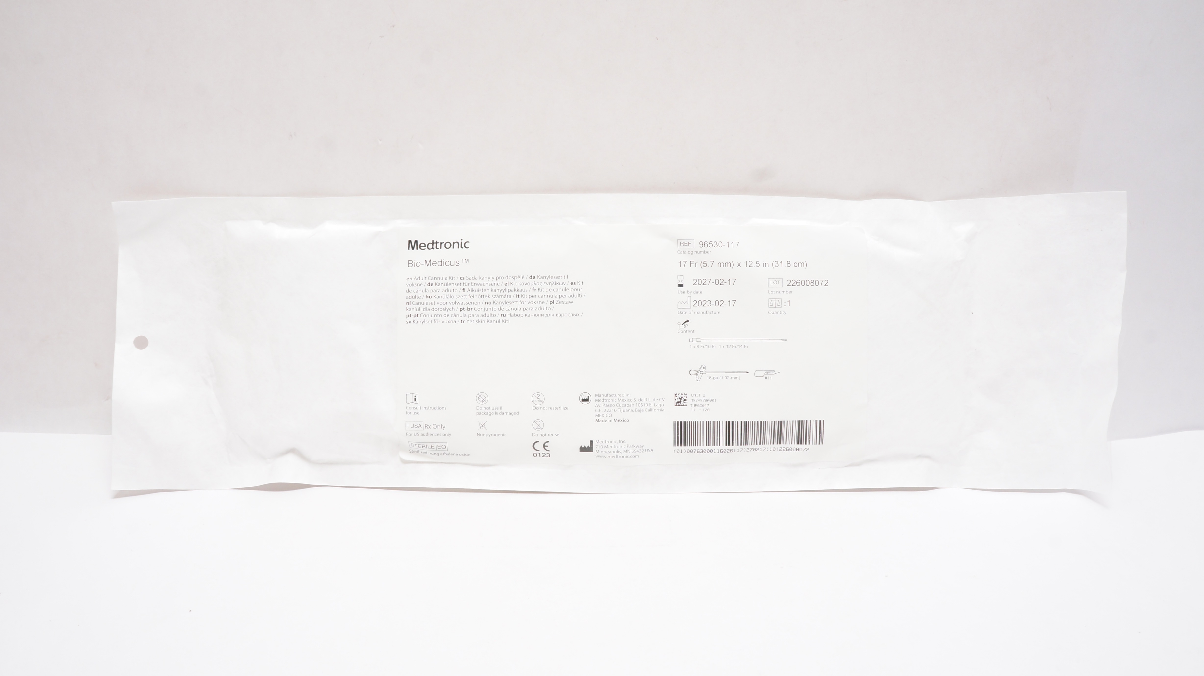 Medtronic 96530-117 Bio-Medicus Adult Cannula Kit 17Fr x 12.5inch