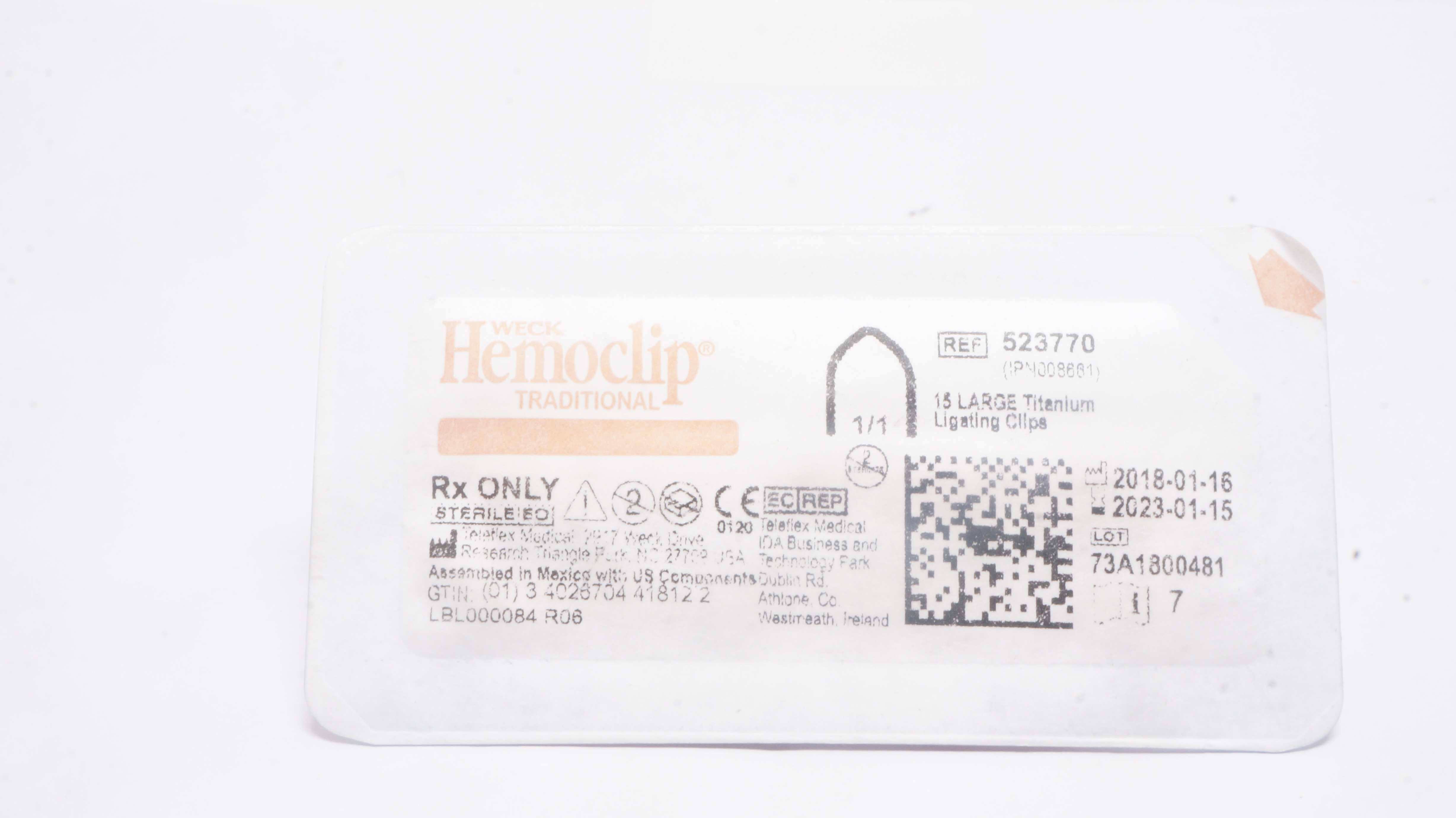Teleflex 523770 Weck Hemoclip Traditional 15 Large Titanium Ligating Clips (x)