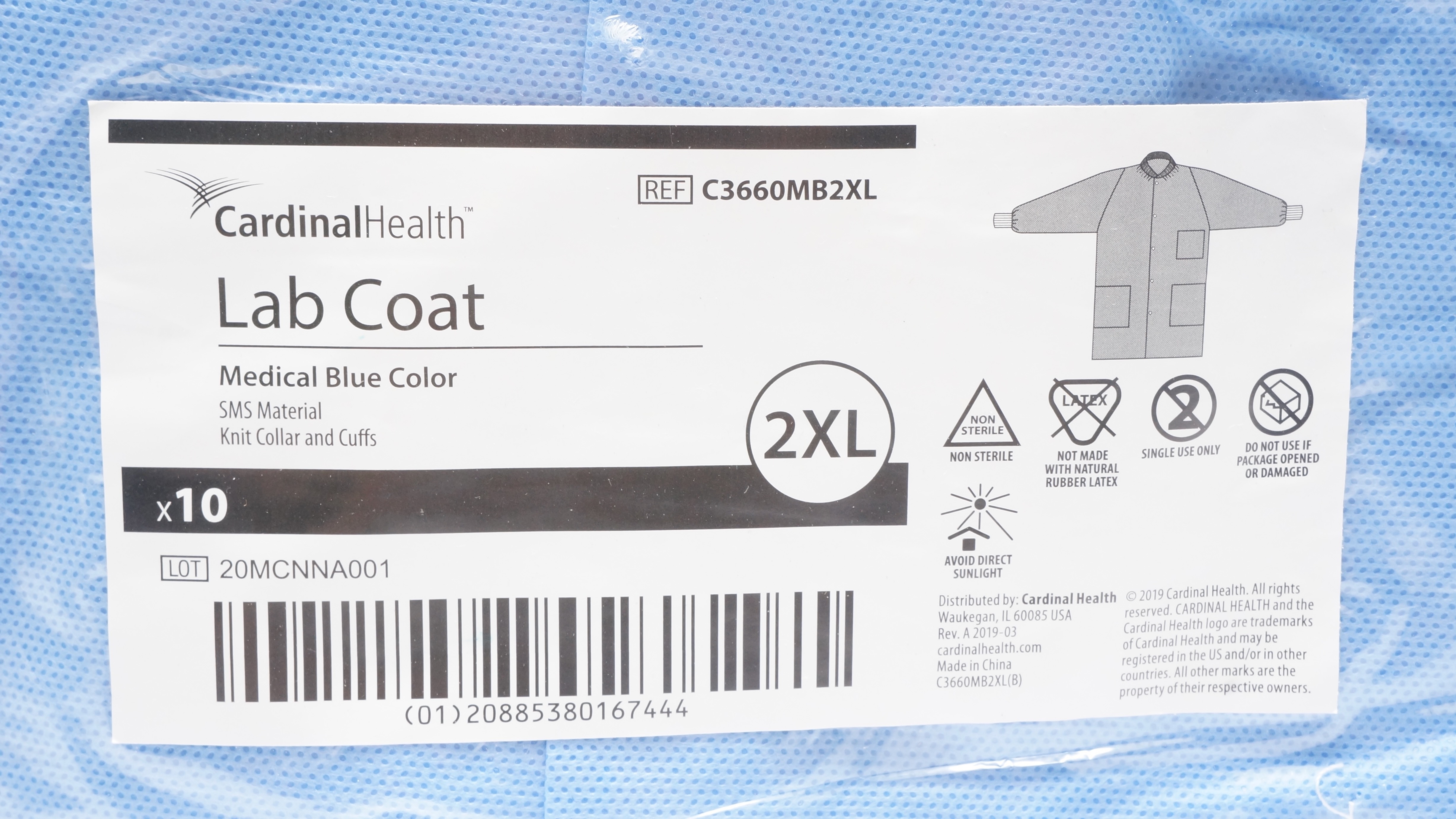 Cardinal Health C3660MB2XL Medical Lab Coat Blue 2XL - Pack of 10