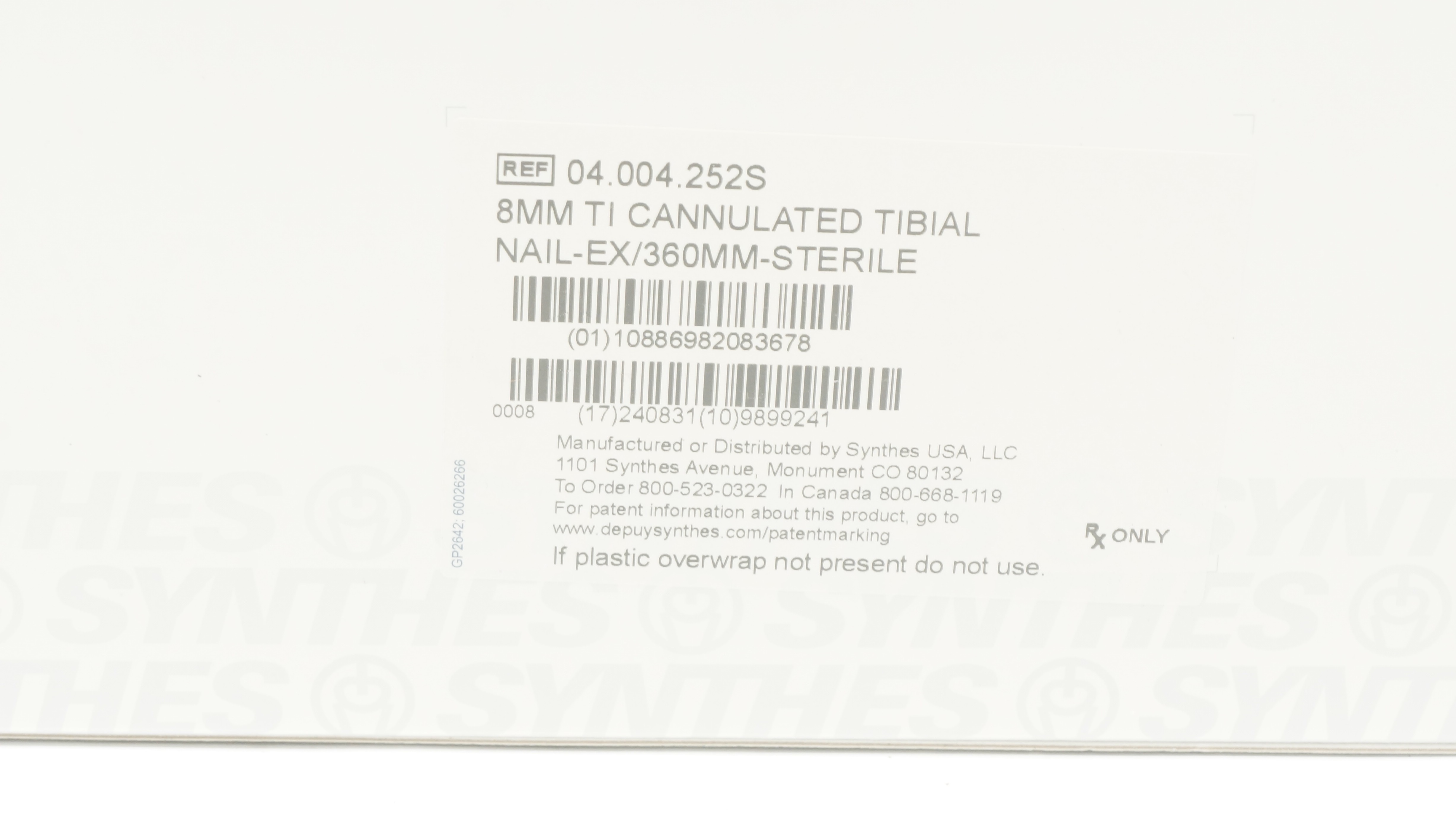 Synthes 04.004.252S 8mm TI Cannulated Tibial Nail-EX/360mm- Sterile