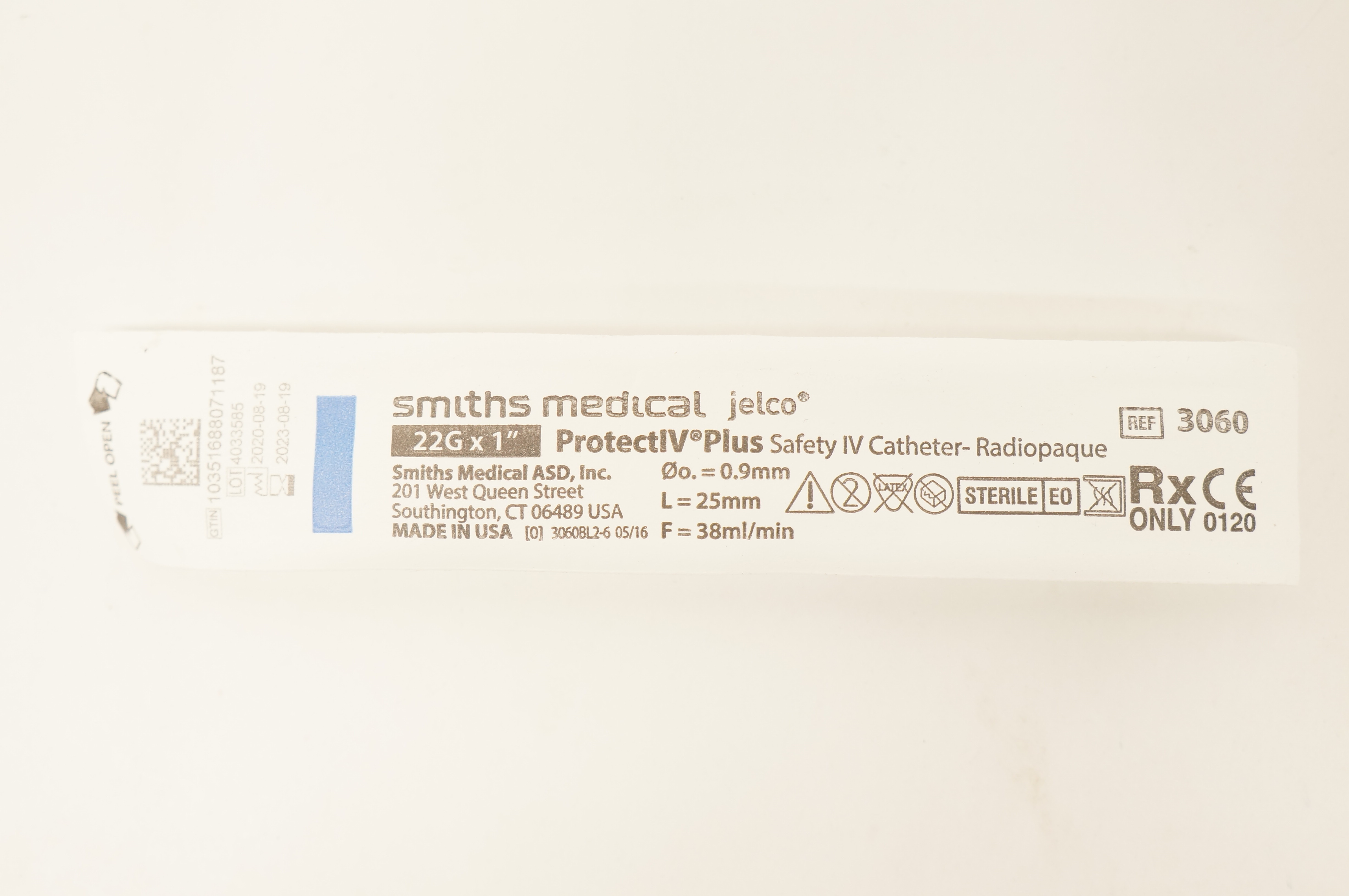 Smiths Medical 3060 Jelco ProtectIV Plus Safety Cath. 22G x 1inch, 38ml/min