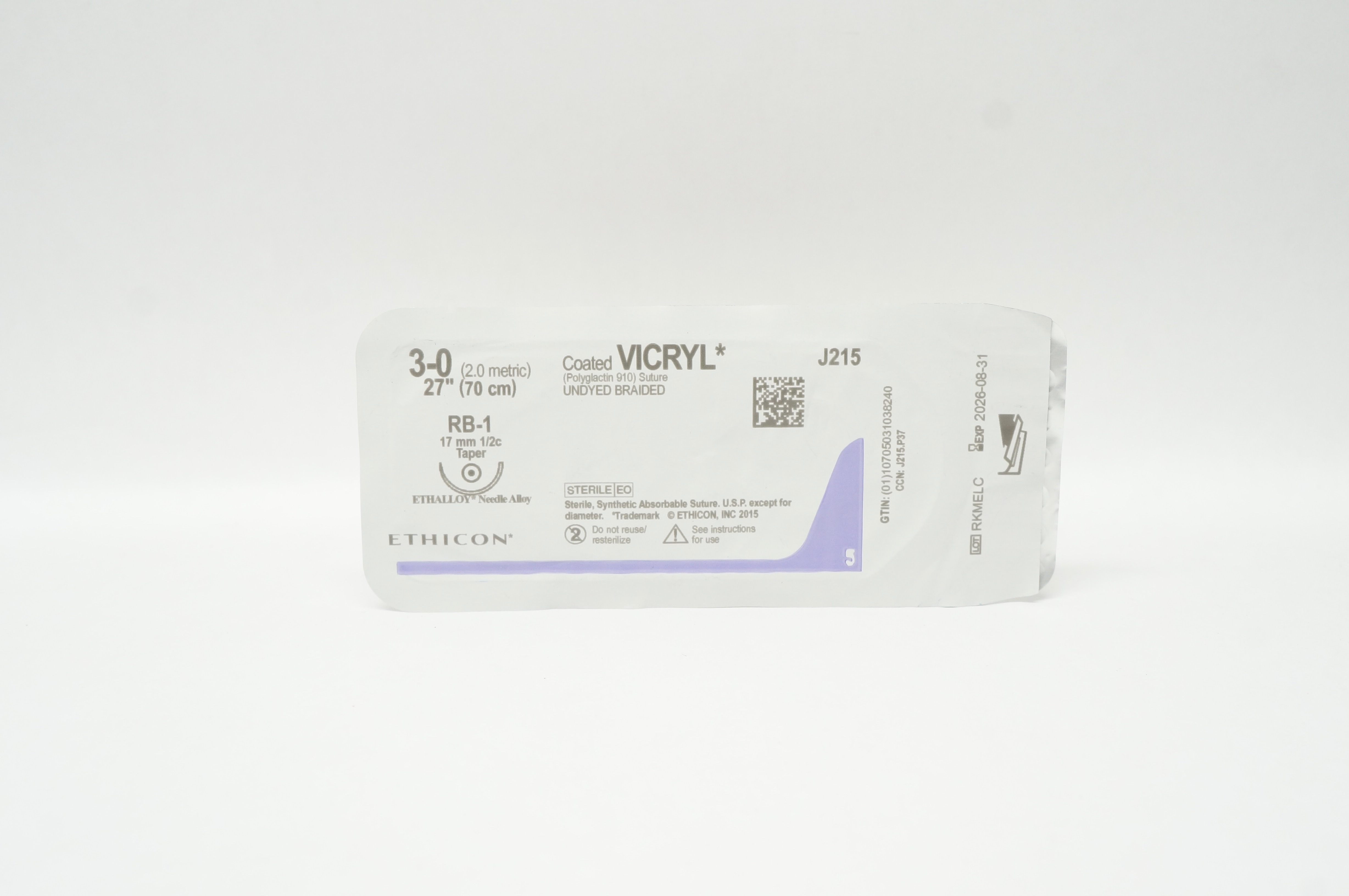 Ethicon J215 3-0 Coated VICRYL Polyglactin 910 Stre RB-1 17mm 1/2c Taper, 27inch