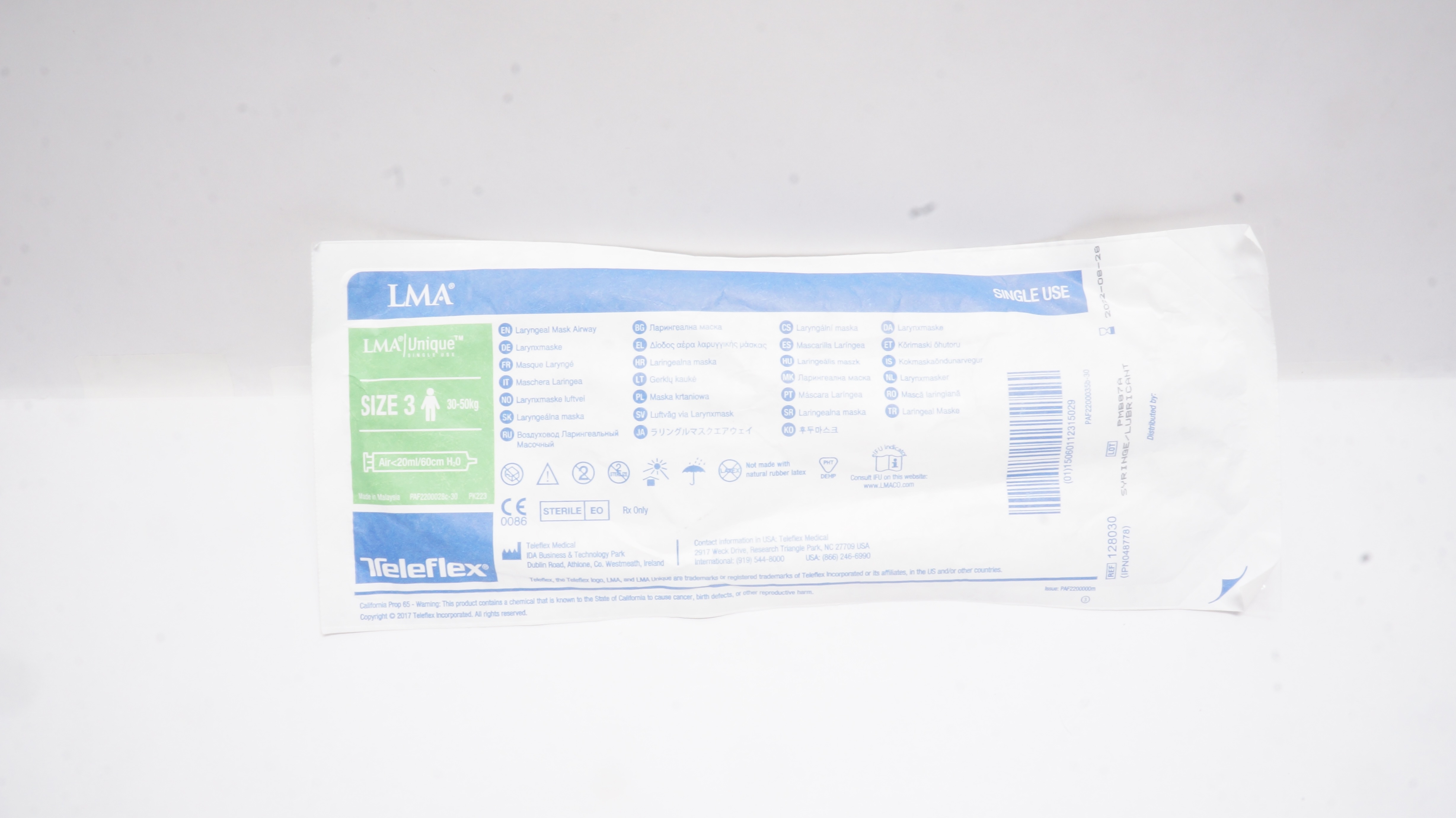 Teleflex 128030 LMA Unique Laryngeal Mask Airway Size 3 30-50kg <20ml/60cmH2O(x)