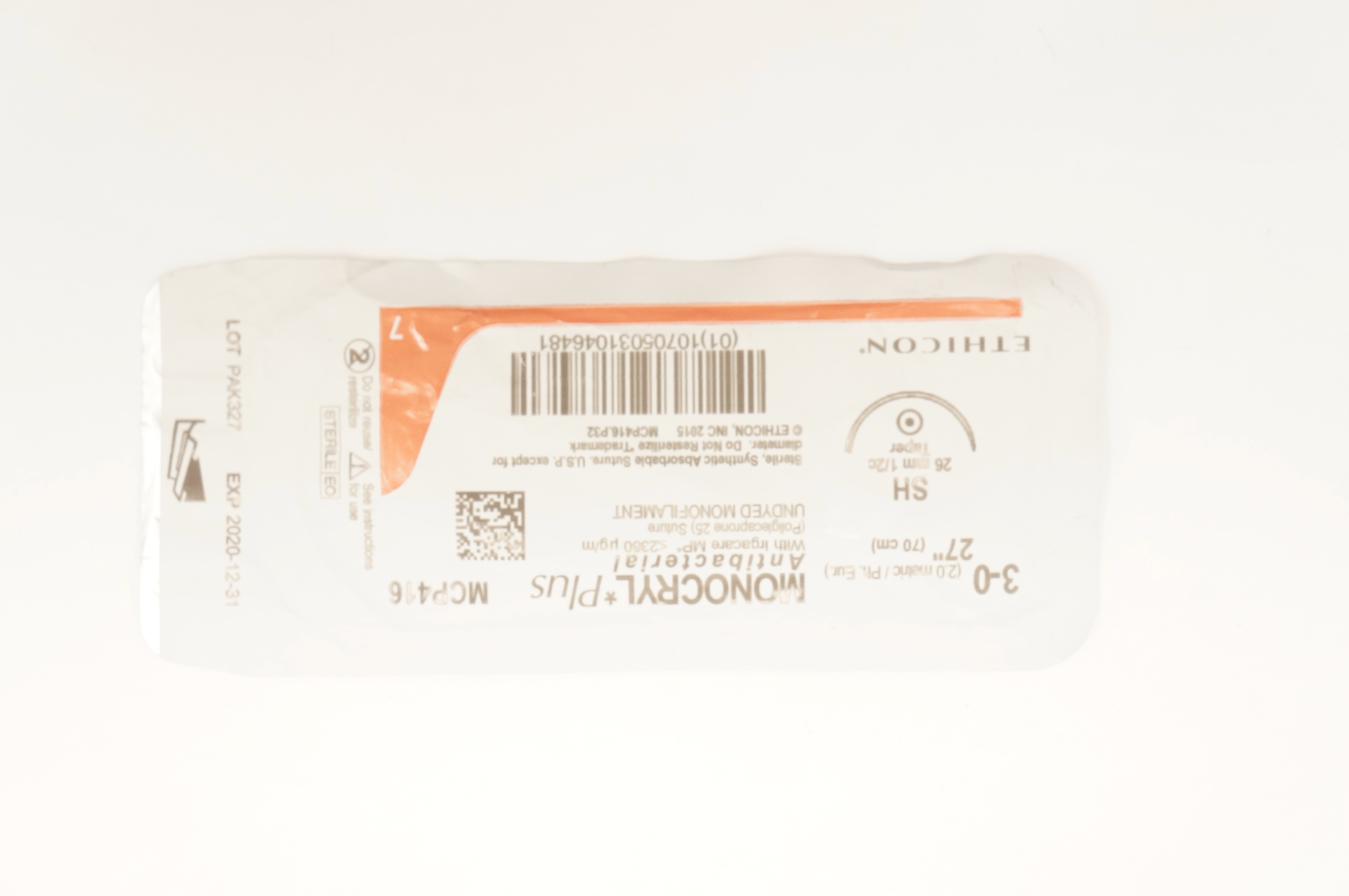 Ethicon MCP416 3-0 MONOCRYL Plus SH 26mm 1/2c Taper, 27inch (x)