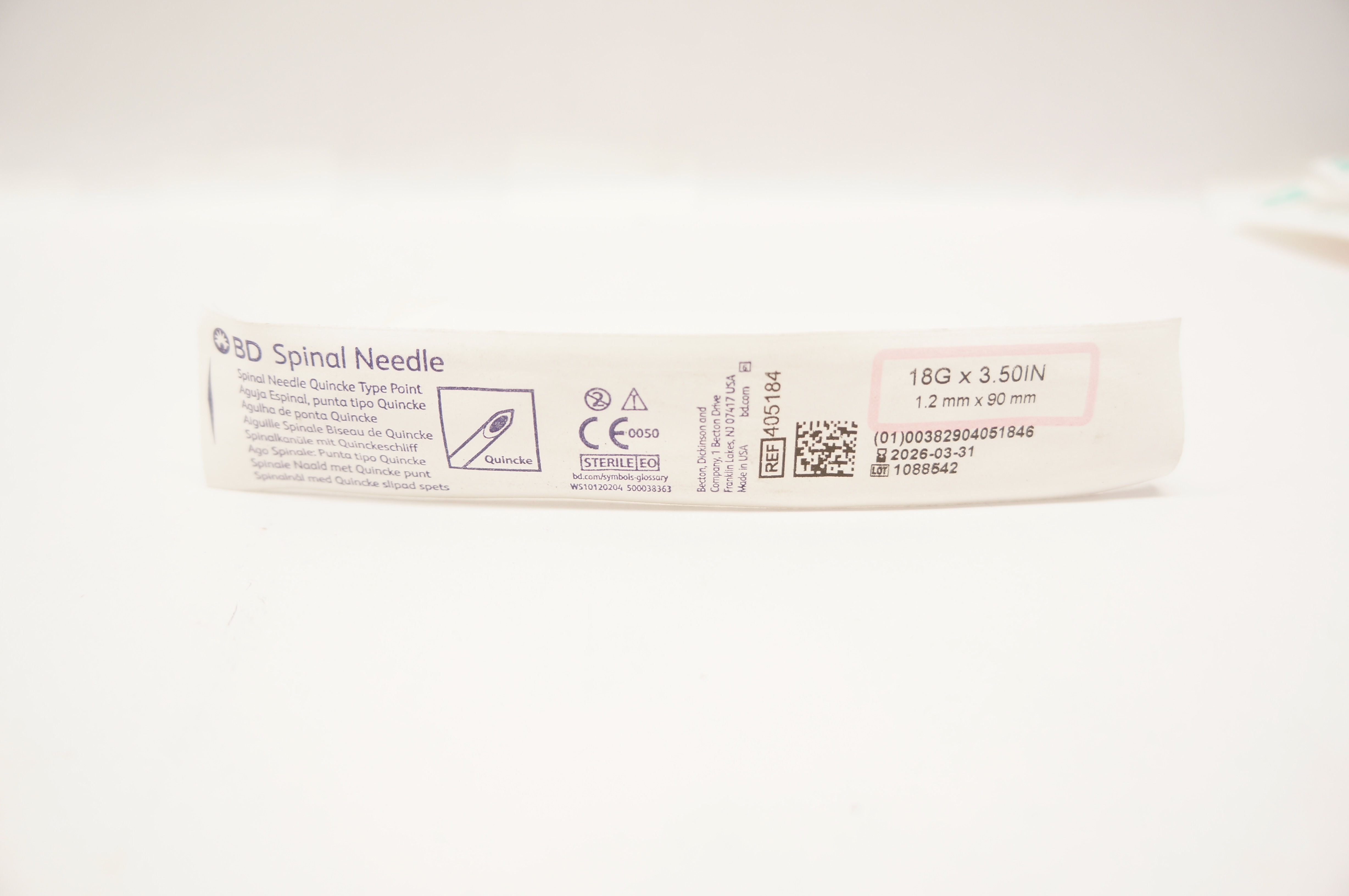 BD 405184 Spinal Ndle. Quincke Type Point 18G x 3.50inch