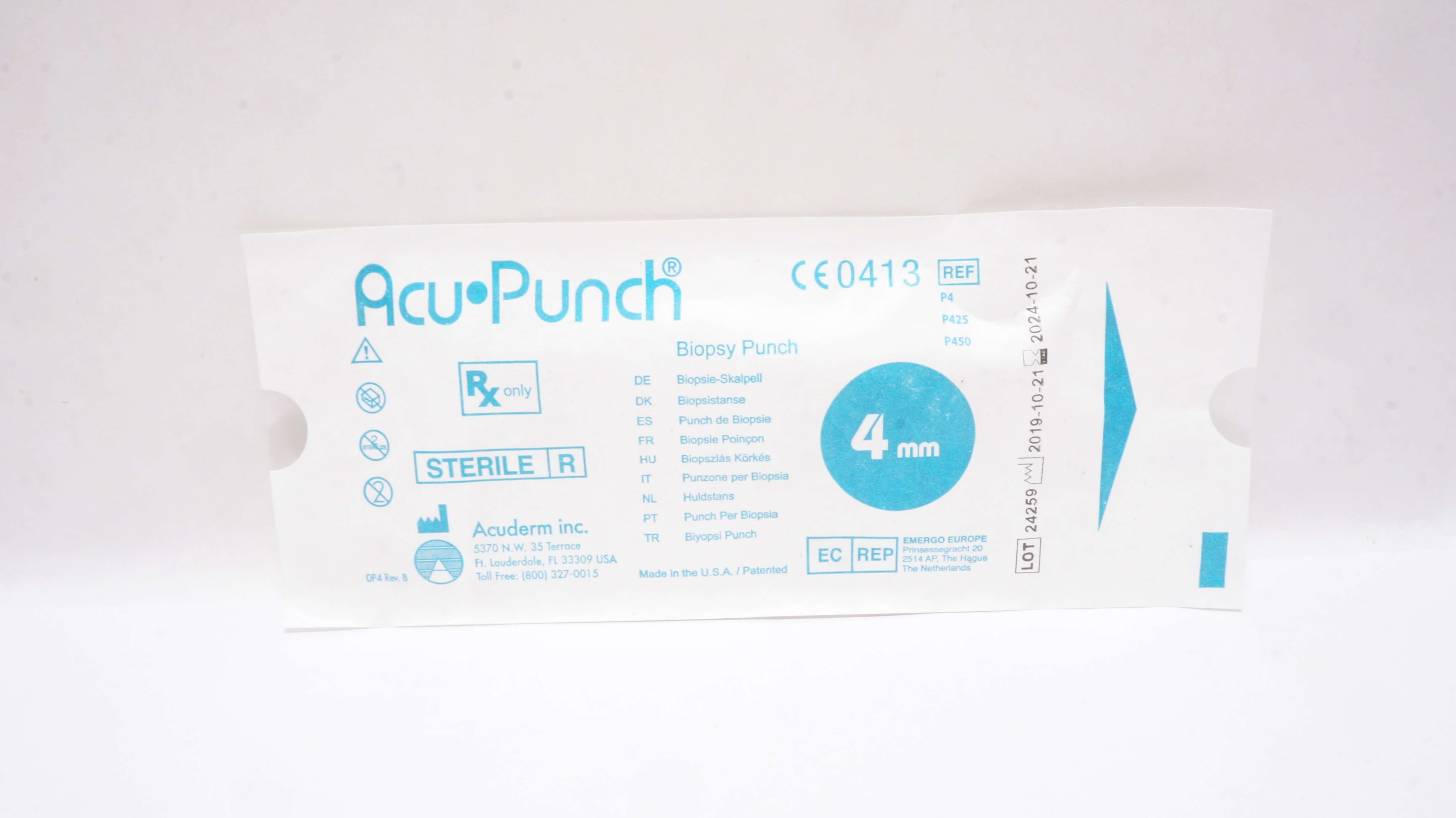 Acuderm Acuderm P4/P425/P450 Acu Punch Biopsy Punch 4mm