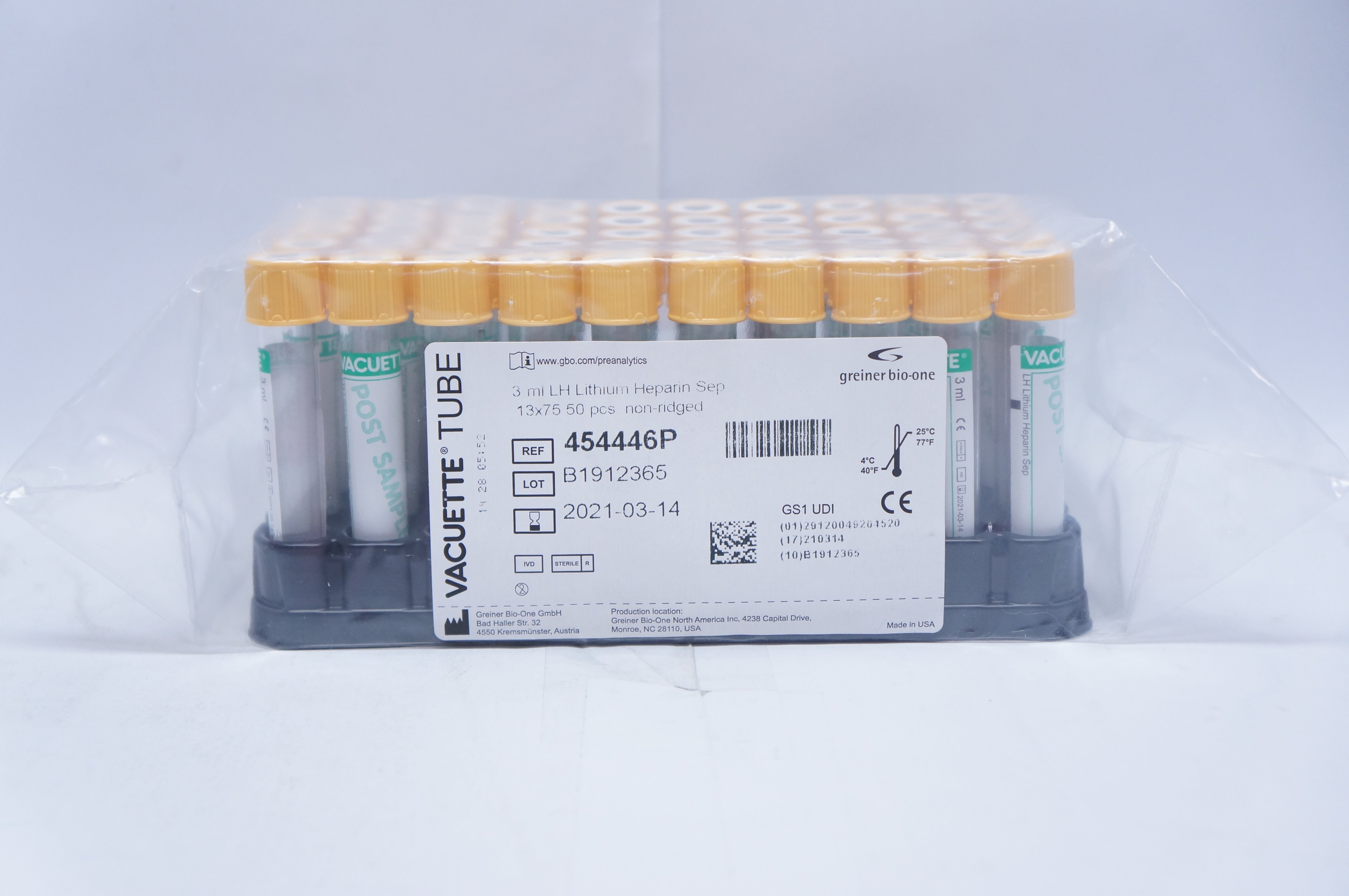 Greiner BioOne 454446P Vacuette Tube 3ml LH Lithium Heparin Sep Pack