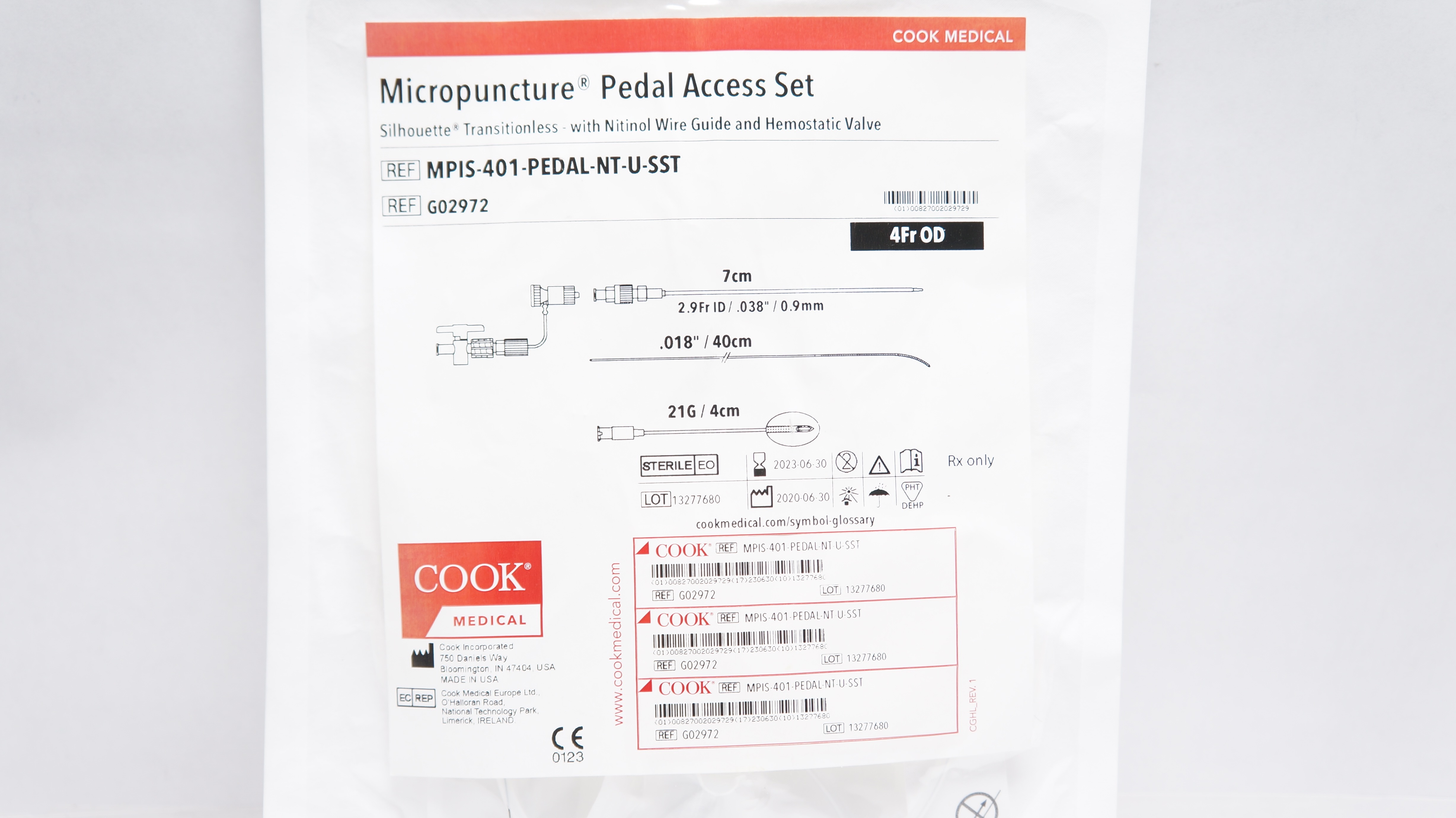 Cook Medical G02972 Micropuncture Pedal Access Set 4.0Fr x 7cm x .018inch (x)