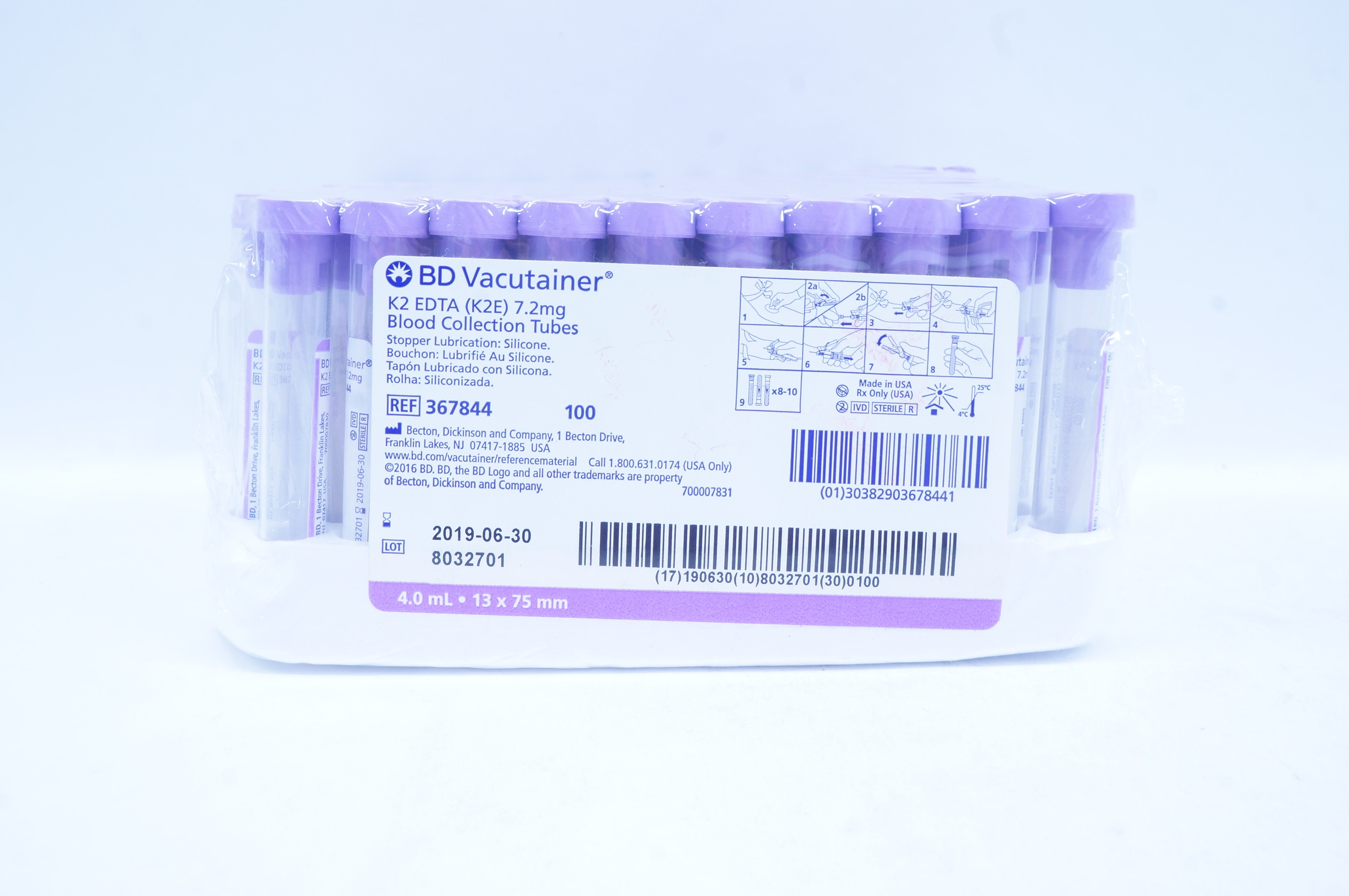 BD 367844 Vacutainer K2 EDTA Blood Collection Tubes 7.2mg (x) Box of 100