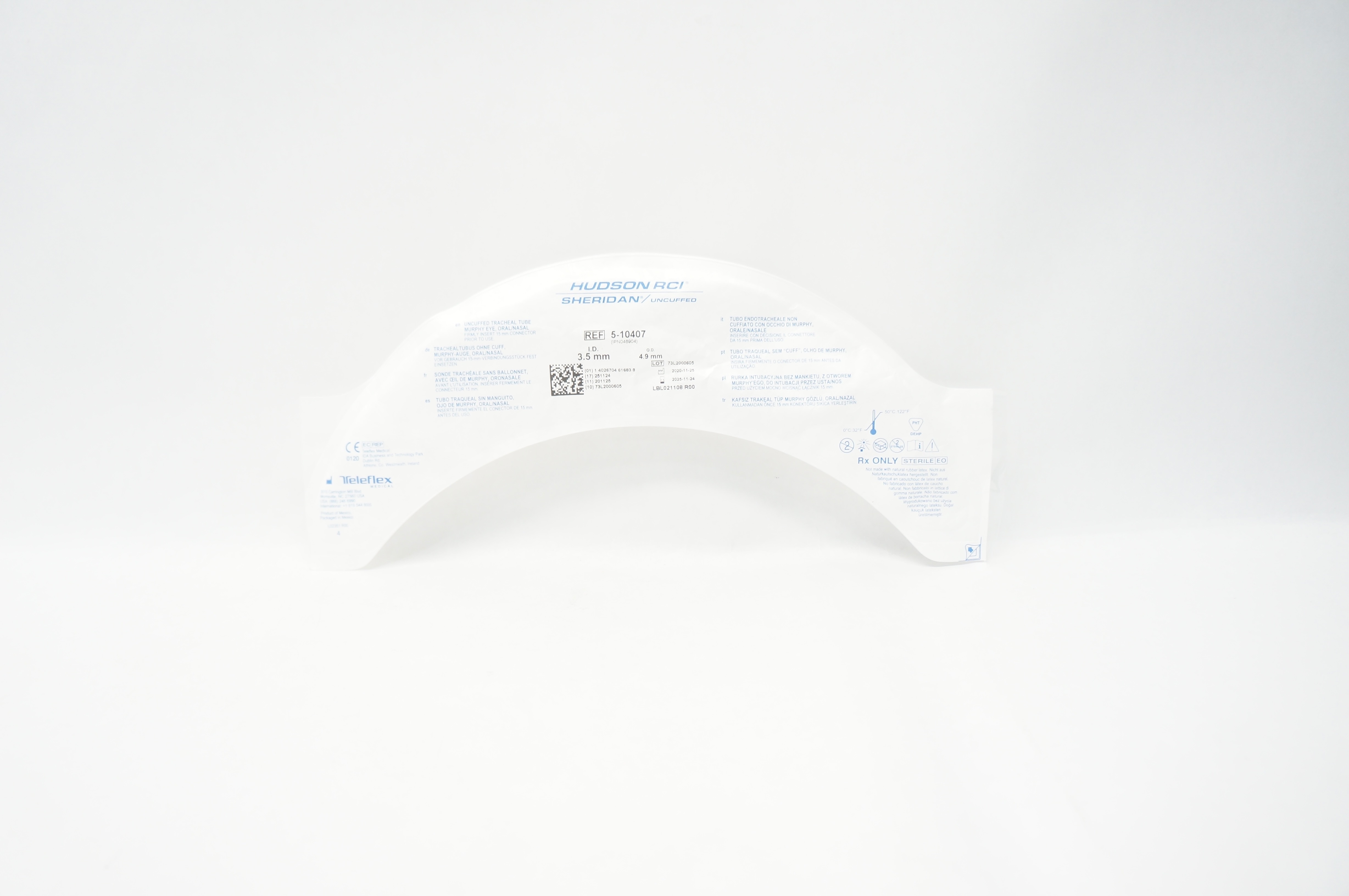 Teleflex 5-10407 Hudson RCI Sheridan Tracheal Tube Uncuffed 3.5mm ID x 4.9mm OD