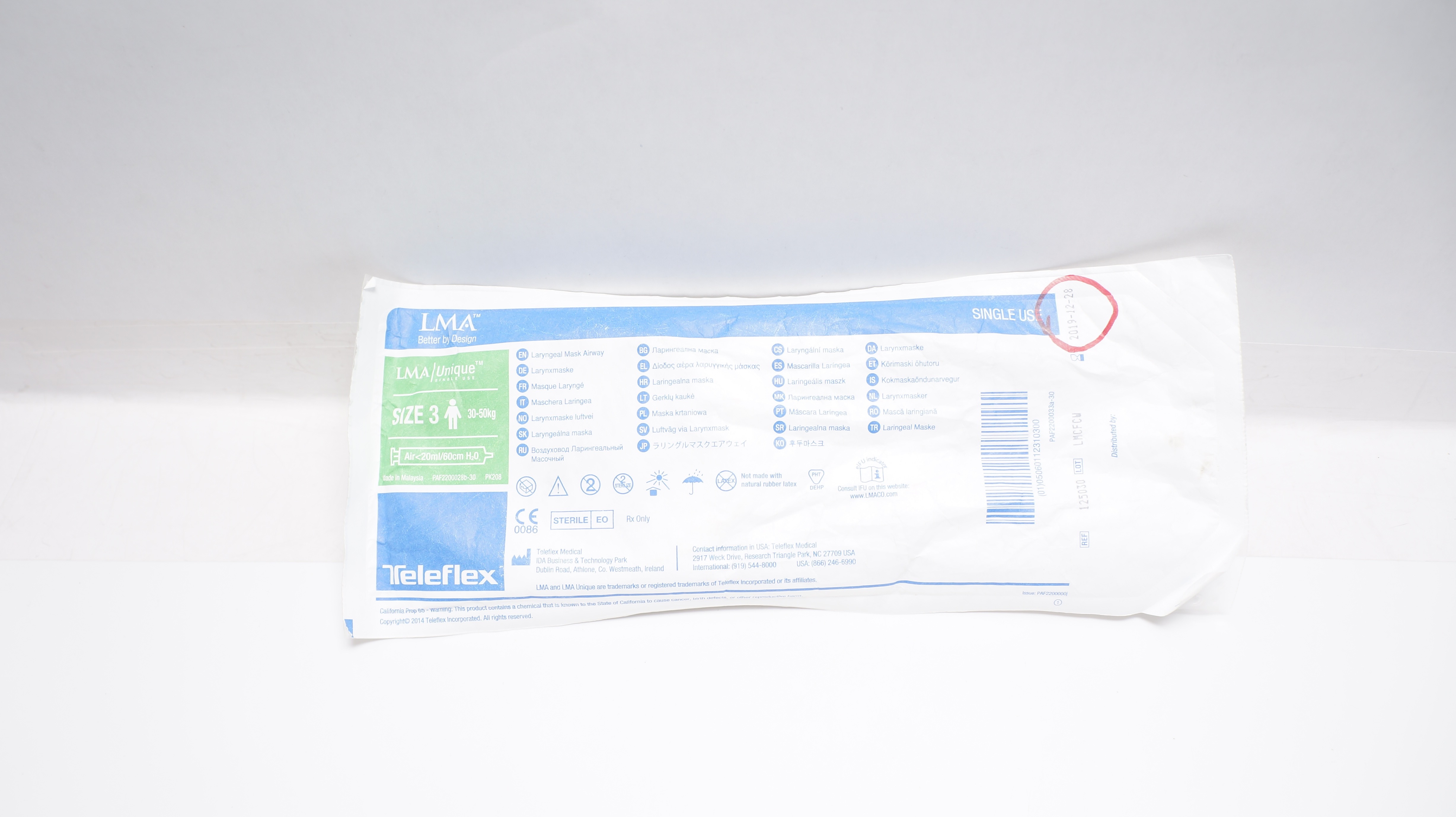 Teleflex 125030 LMA Unique, Laryngeal Mask Airway, Size 3, 30-50kg (x)