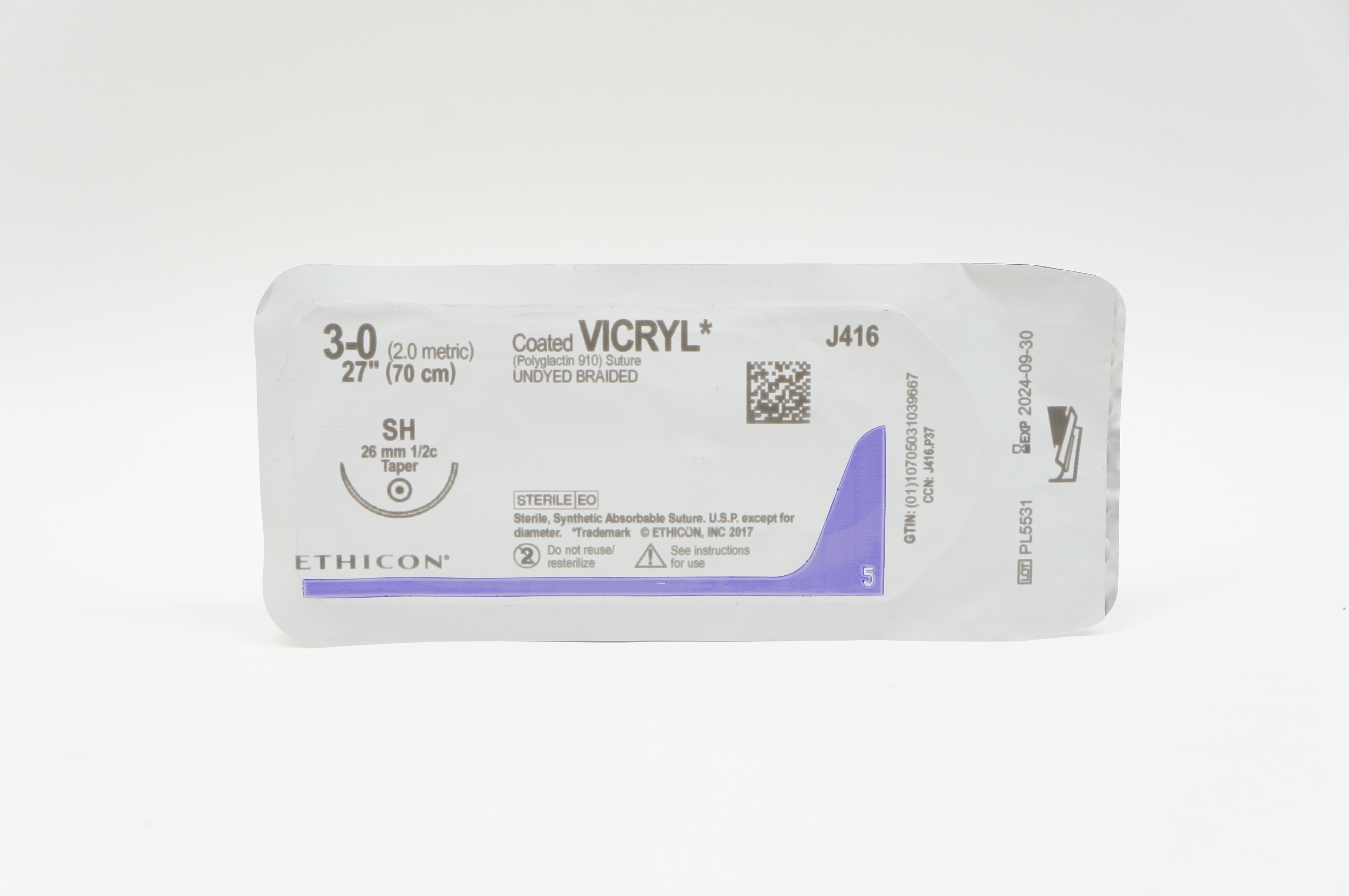 Ethicon J416 3-0 VICRYL, SH, 26mm 1/2c Taper, 27inch