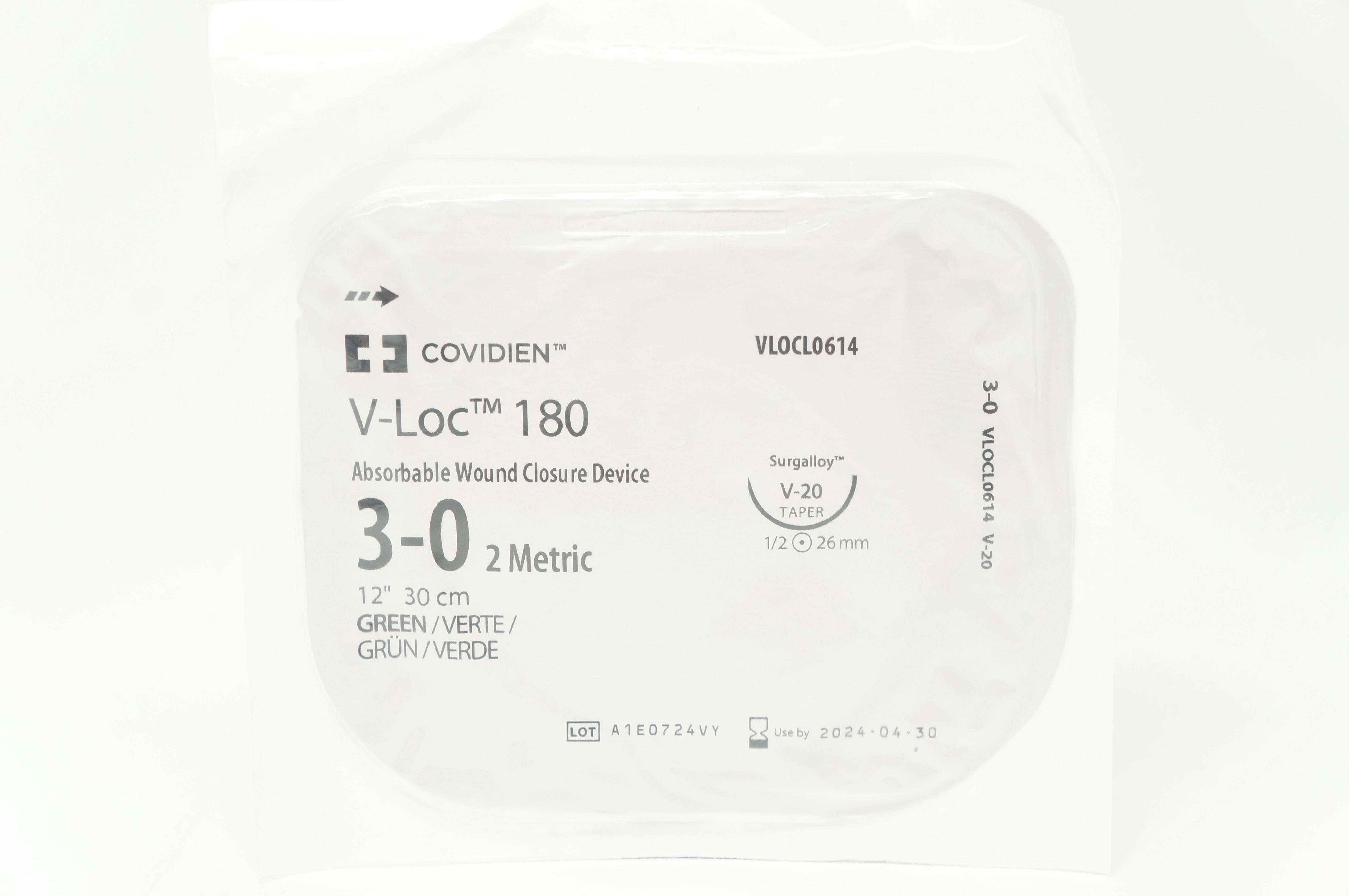 Covidien VLOCL0614 3-0 V-Loc 180 Wound Closure V-20 Taper, 1/2c 26mm, 12inch