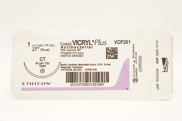 Ethicon VCP281 1 Coated Vicryl Plus CT 40mm 1/2c Taper 27inch