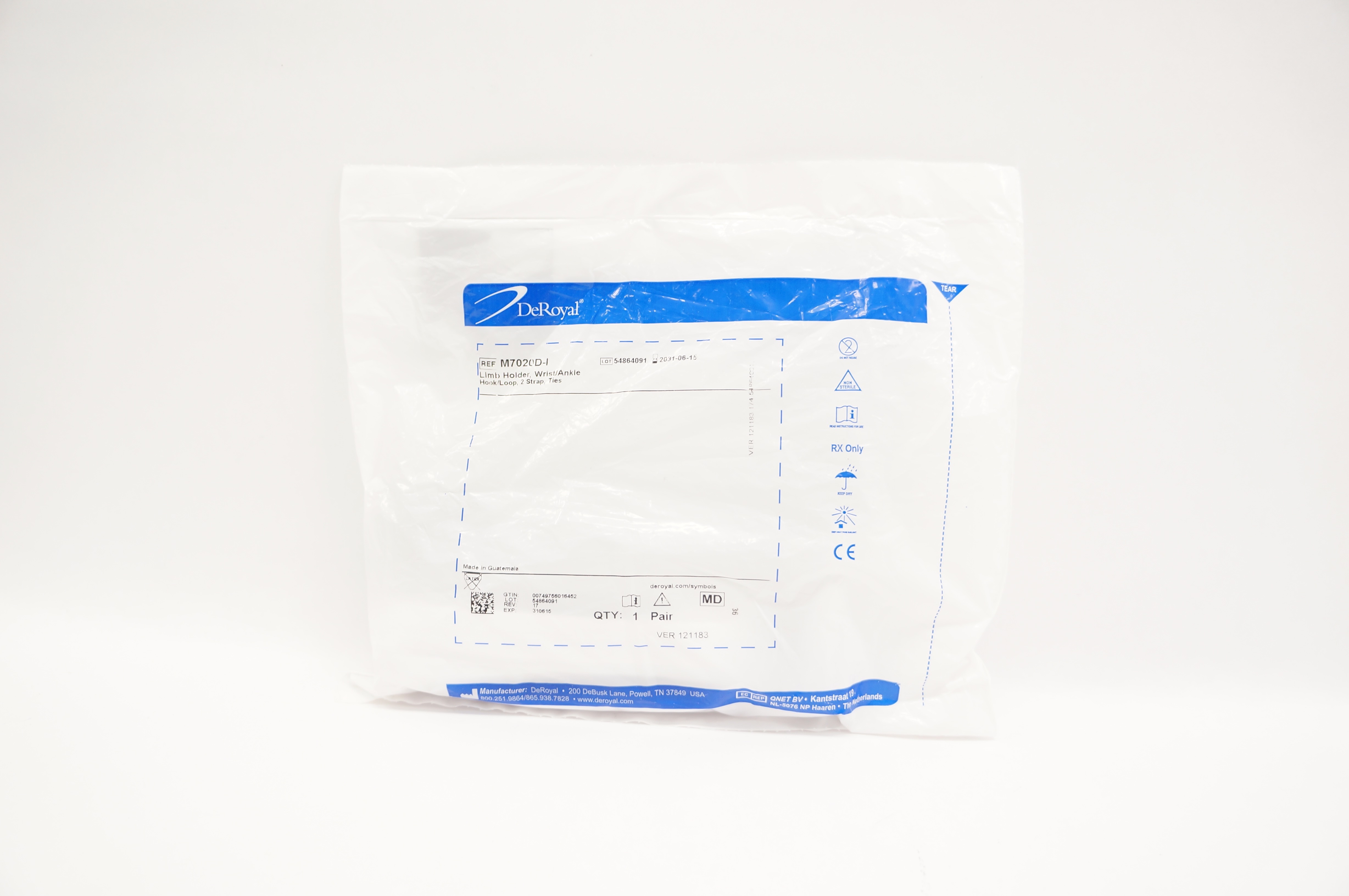 DeRoyal M7020D-I Limb Holder Wrist/Ankle Hook/Loop 2 Strap Ties